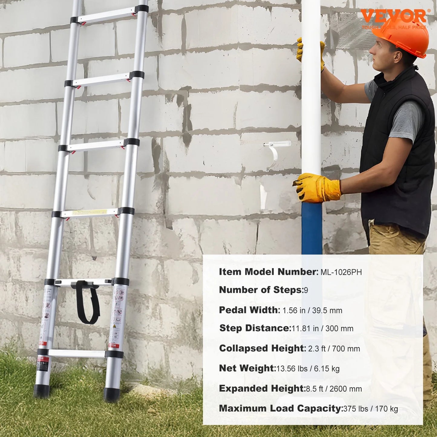 VEVOR Telescoping Extension Ladder 8.5FT One-Button Retraction 375 LBS Capacity