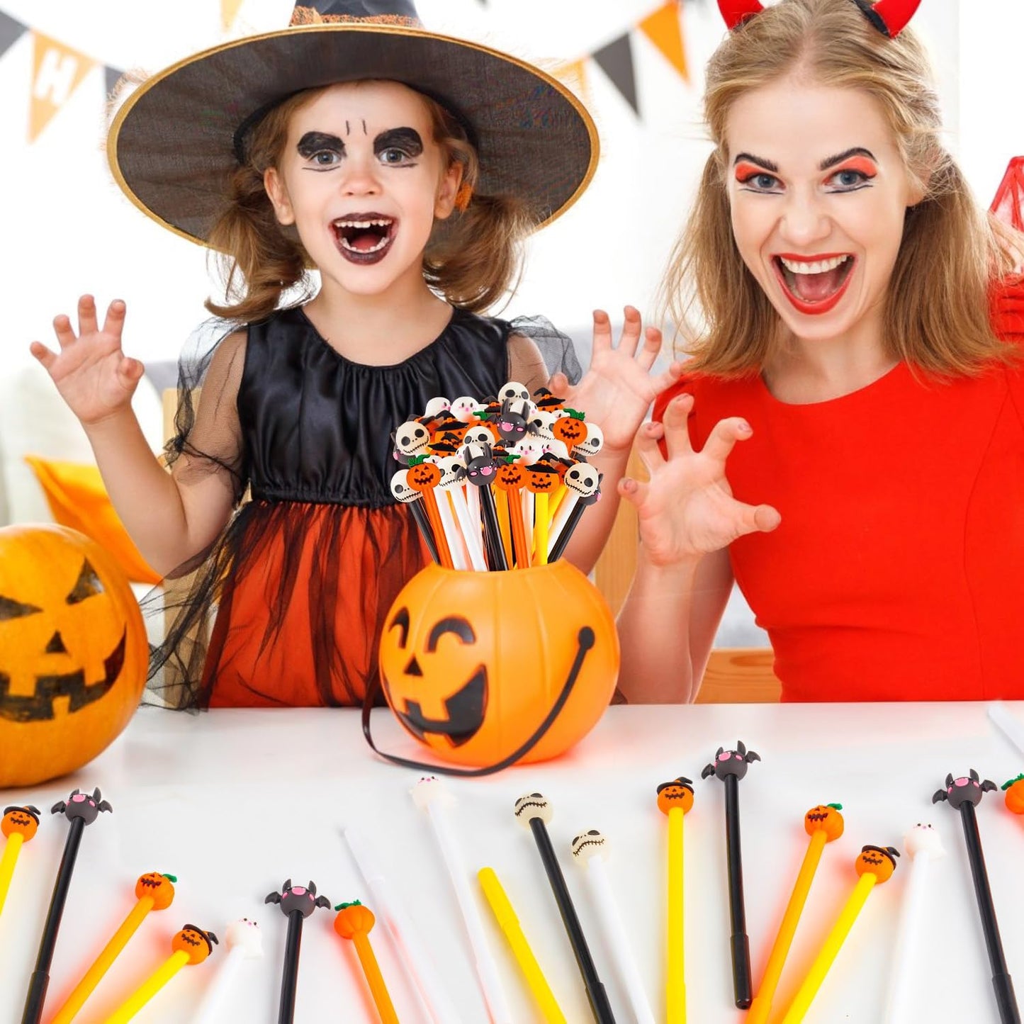 60 Pcs Halloween Pens, Pumpkin Skull Heads Ghost Bat Shape Pens, 0.5 MM Bulk Black Rollerball Pen for Halloween Thanksgiving Party Supplies School Office