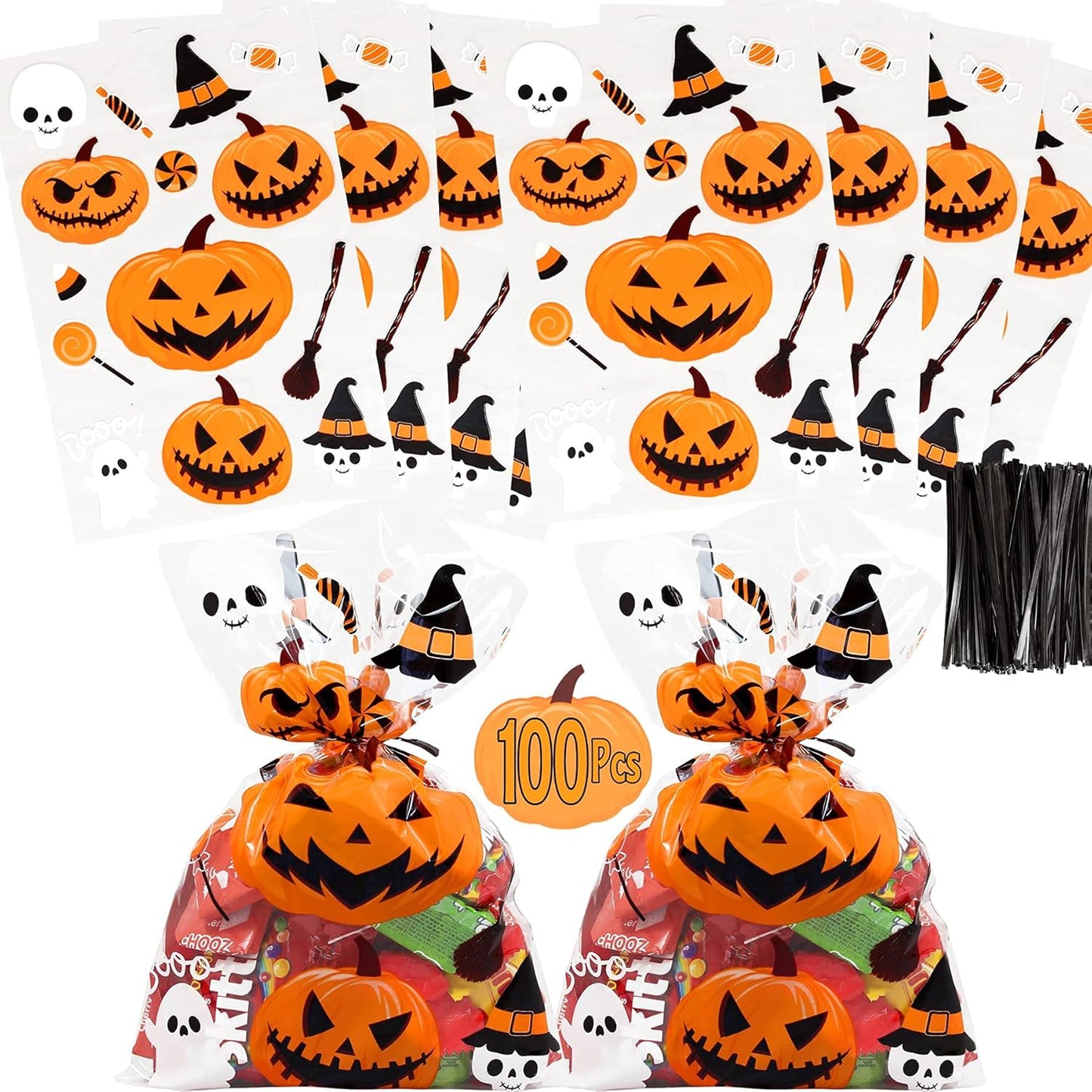 Halloween Treat Bags | 100 Pcs (6” X 9” Inch) |2.5 Mil Crystal Clear Cellophane Bags with Fun Scary Designs | Pumpkins, Witches Cello Bags | Halloween Party Decorations, Spooky Treat Bags