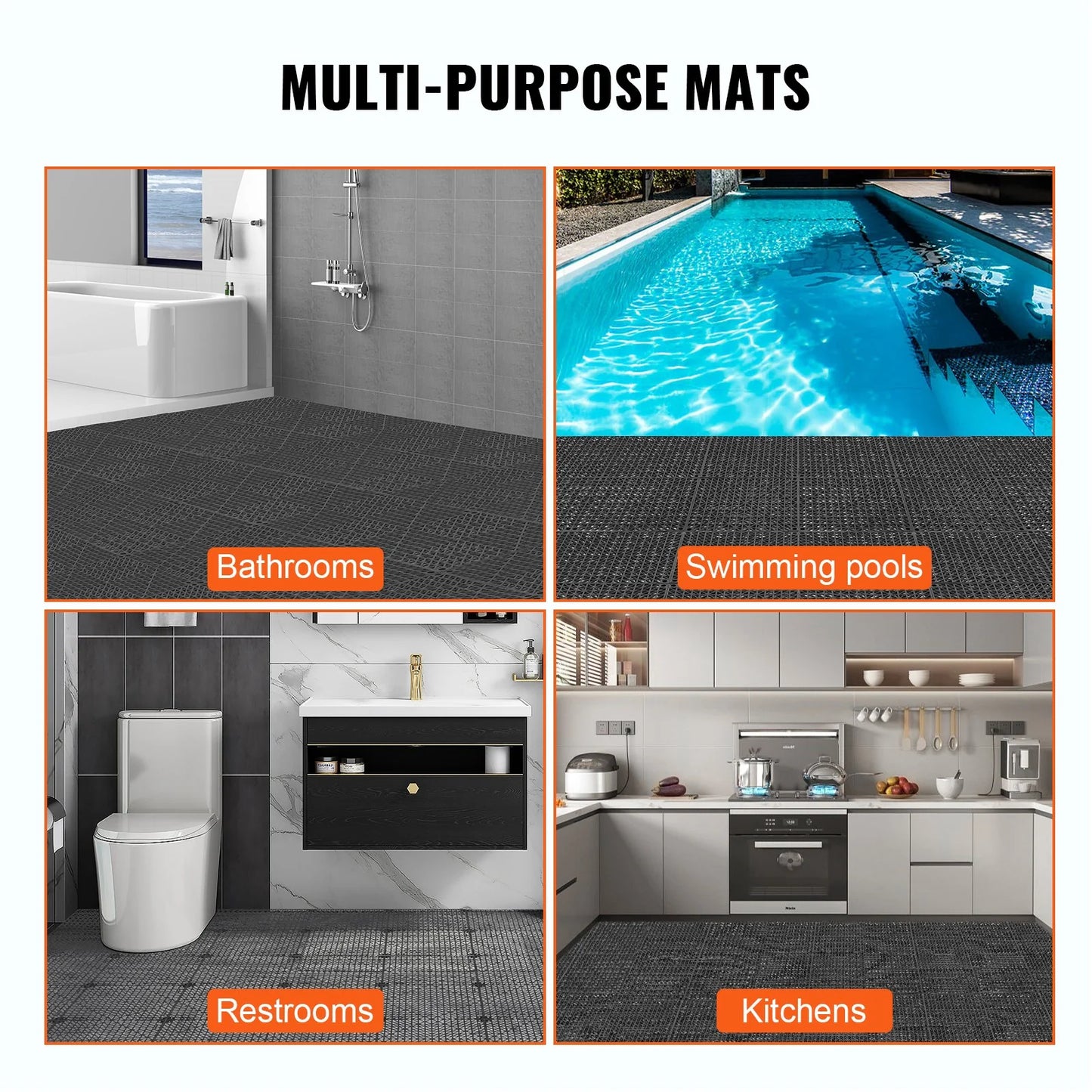 VEVOR Interlocking Tile 50PCS Black, Drainage Tiles 12 X 12 Splicing, Soft PVC Interlocking Drainage Floor Tiles, Non-Slip Drainage Holes for Restroom, Bathroom, Kitchen, Pool, Wet Areas