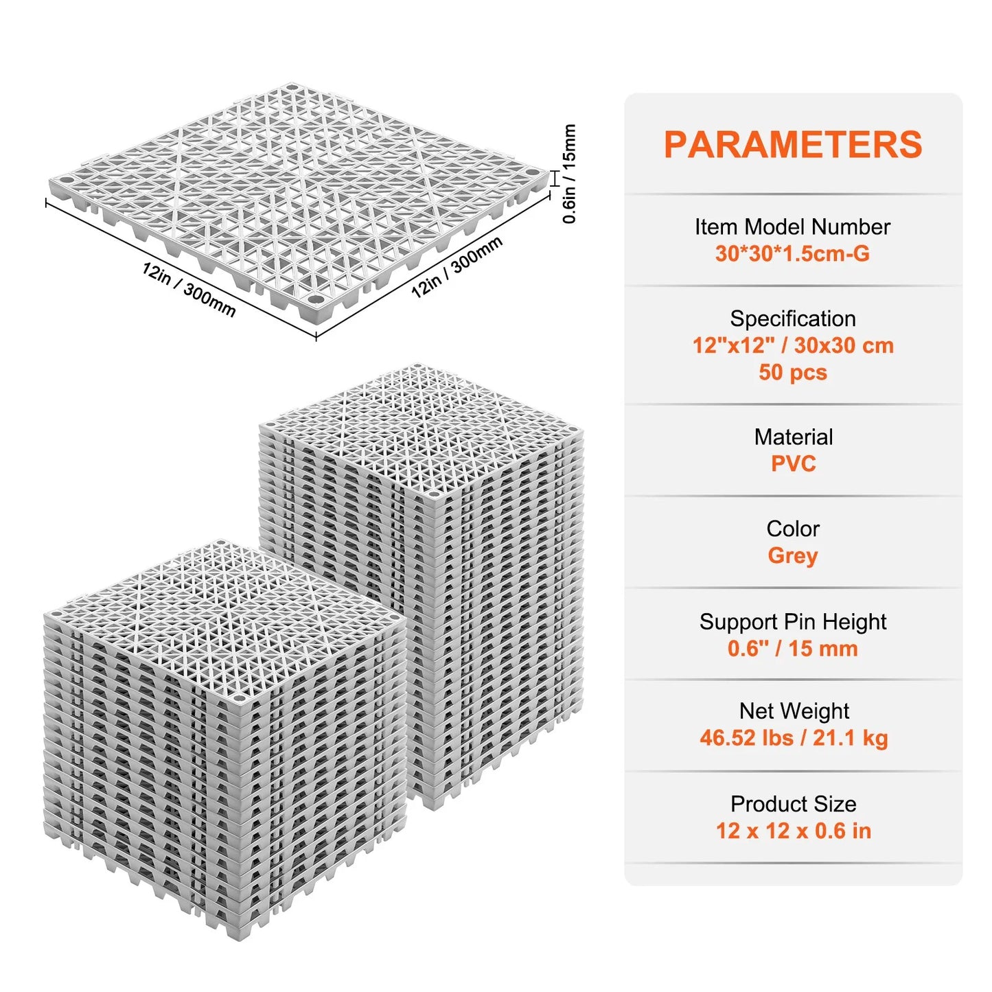 VEVOR Interlocking Tile 50PCS Gray, Drainage Tiles 12 X 12 Splicing, Soft PVC Interlocking Drainage Floor Tiles, Non-Slip Drainage Holes for Restroom, Bathroom, Kitchen, Pool, Wet Areas