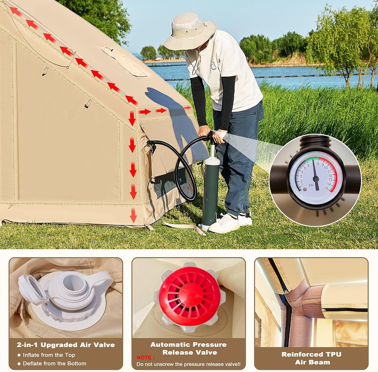 Inflatable Tents for Camping, Blow up Tent with Hand Pump, Easy Setup Inflatable Hot Tent with Stove Jack, Waterproof Oxford Air Glamping Tents for Camping Adult 4-6 Person