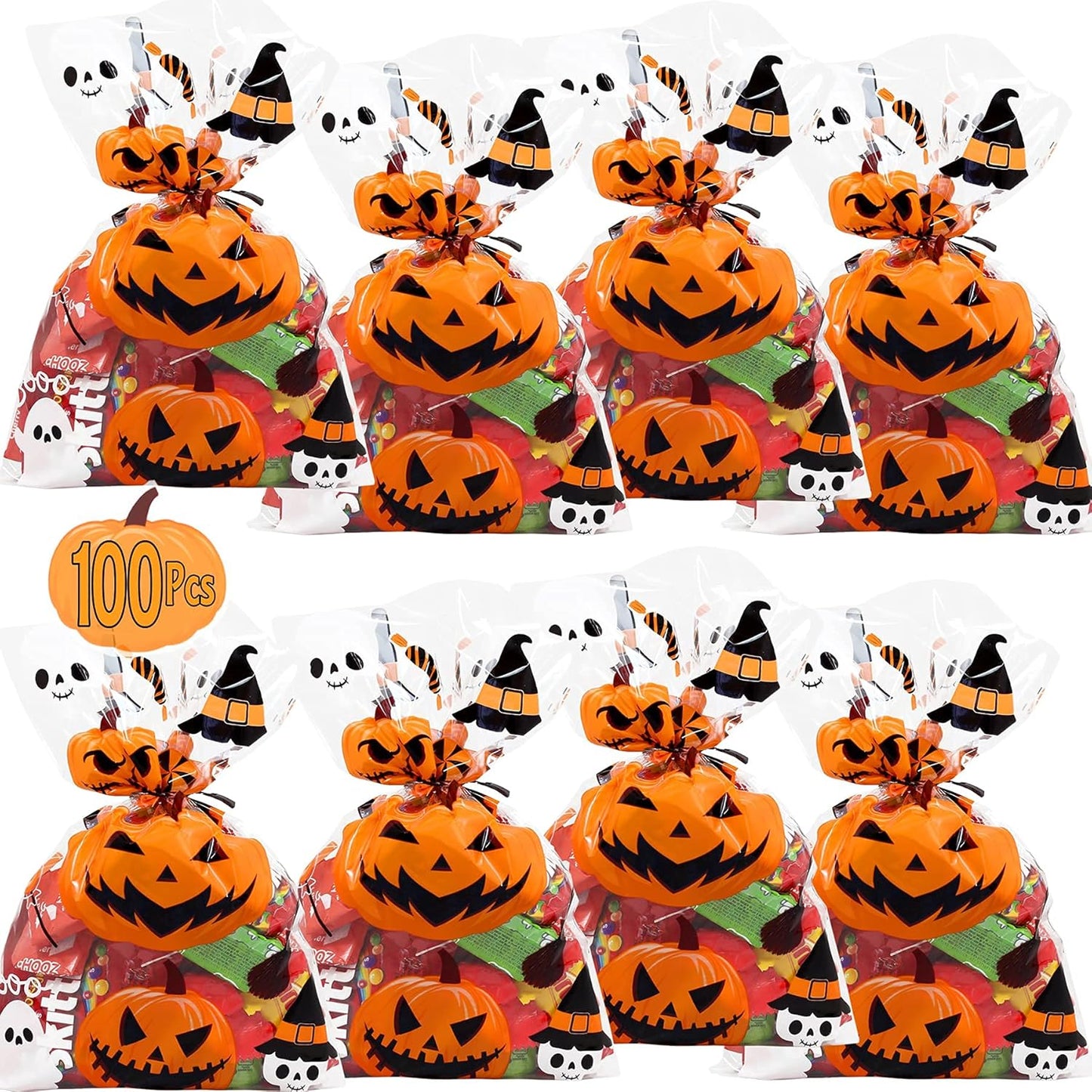 Halloween Treat Bags | 100 Pcs (6” X 9” Inch) |2.5 Mil Crystal Clear Cellophane Bags with Fun Scary Designs | Pumpkins, Witches Cello Bags | Halloween Party Decorations, Spooky Treat Bags