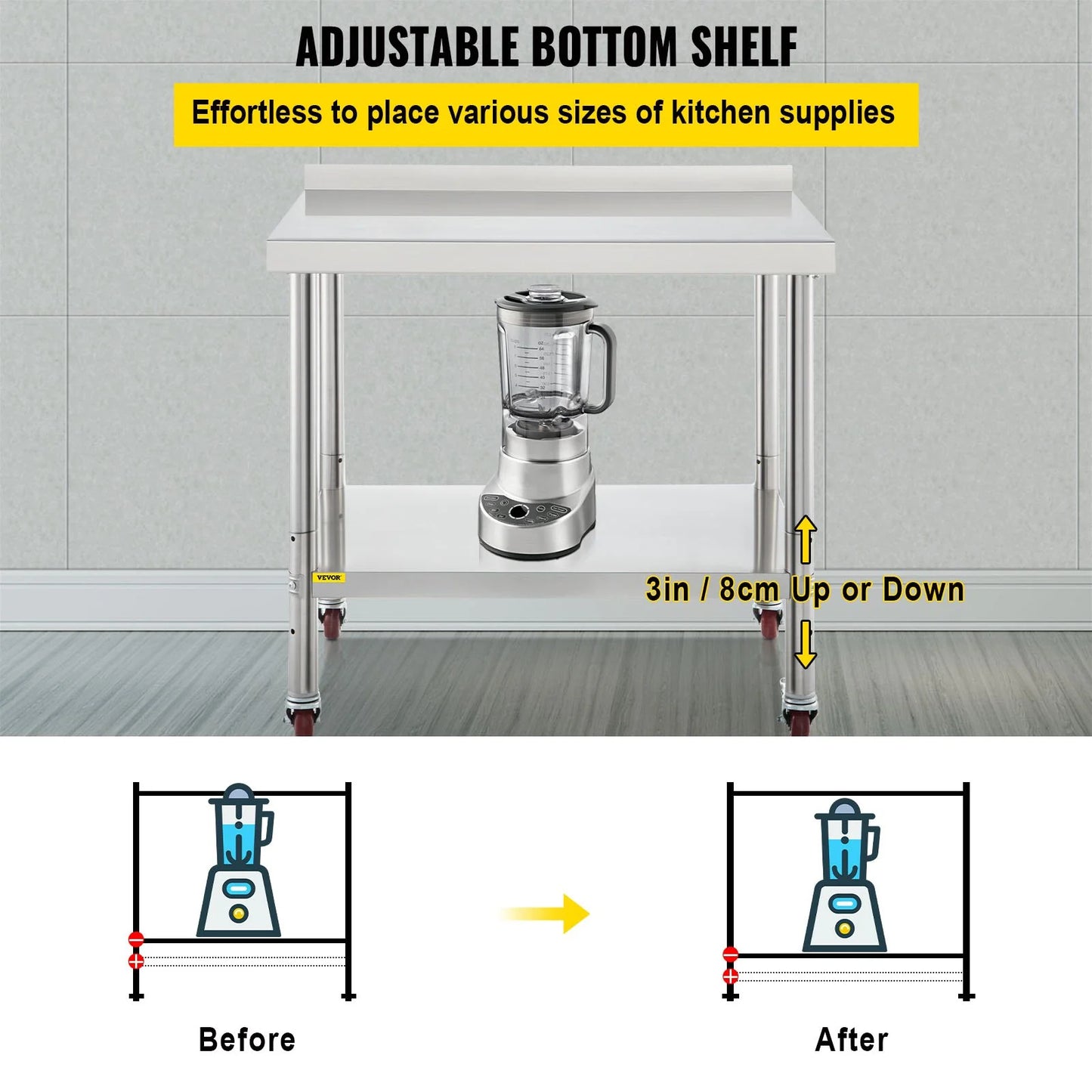 VEVOR Stainless Steel Prep Table, 36 X 24 X 35 Inch, 440Lbs Load Capacity Heavy Duty Metal Worktable with Backsplash Adjustable Undershelf & 4 Casters, Commercial Workstation for Kitchen Restaurant