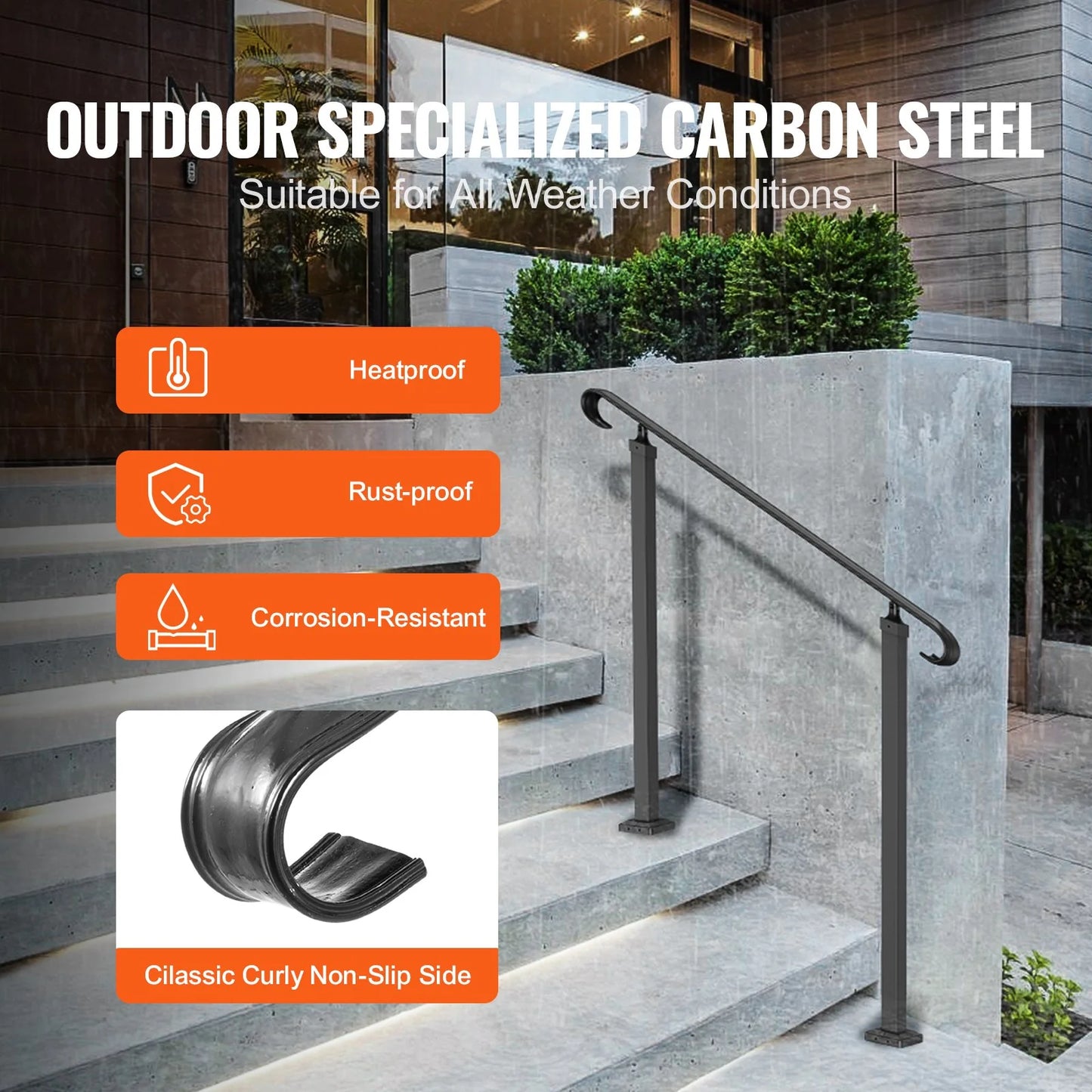 VEVOR Handrails for Outdoor Steps, Fit 1-3 Steps Outdoor Stair Railing, Wrought Iron Handrail, Adjustable Front Porch Hand Rail, Black Transitional Hand Railings for Concrete Steps or Wooden Stairs