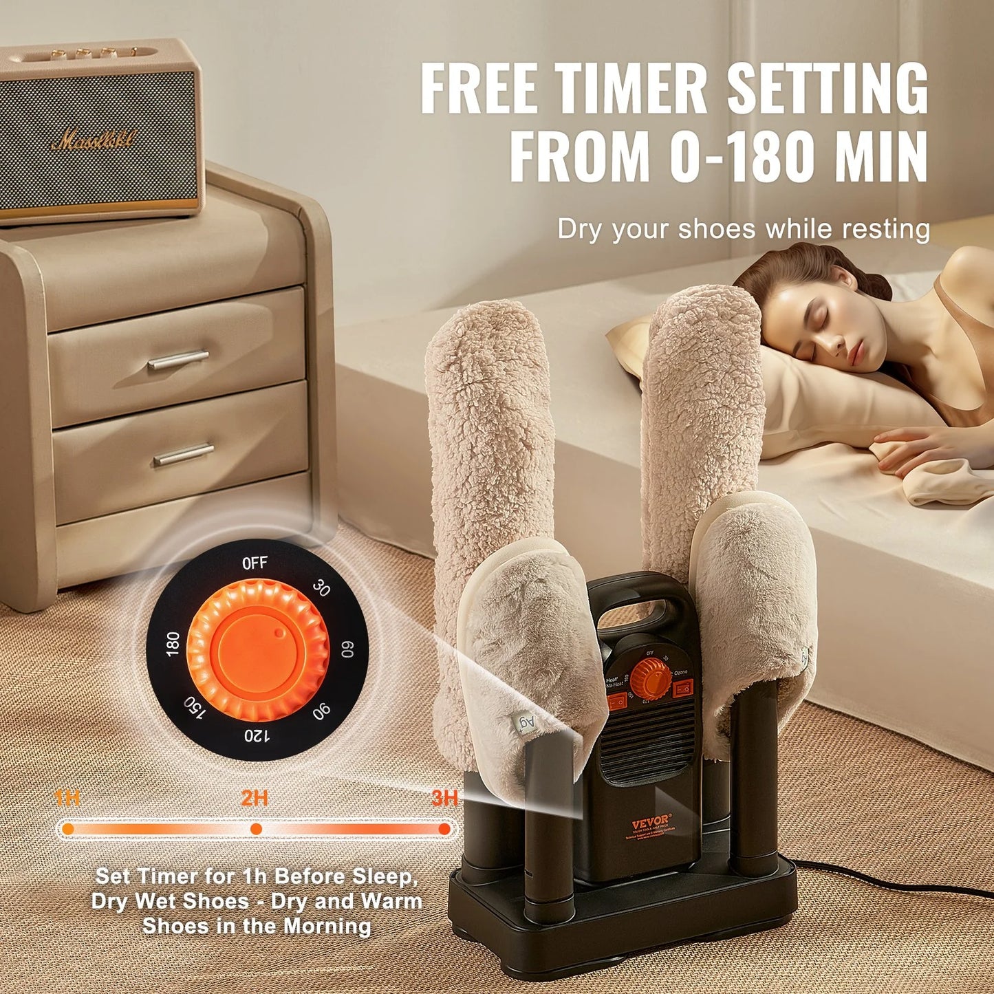 VEVOR Detachable 4-Tube Shoe Dryer with Timer and Quick Drying Black & Orange,Ultra Silent, Quick Drying for Work Boots, Ski Boots, Sneakers, Gloves, Hats, Helmets