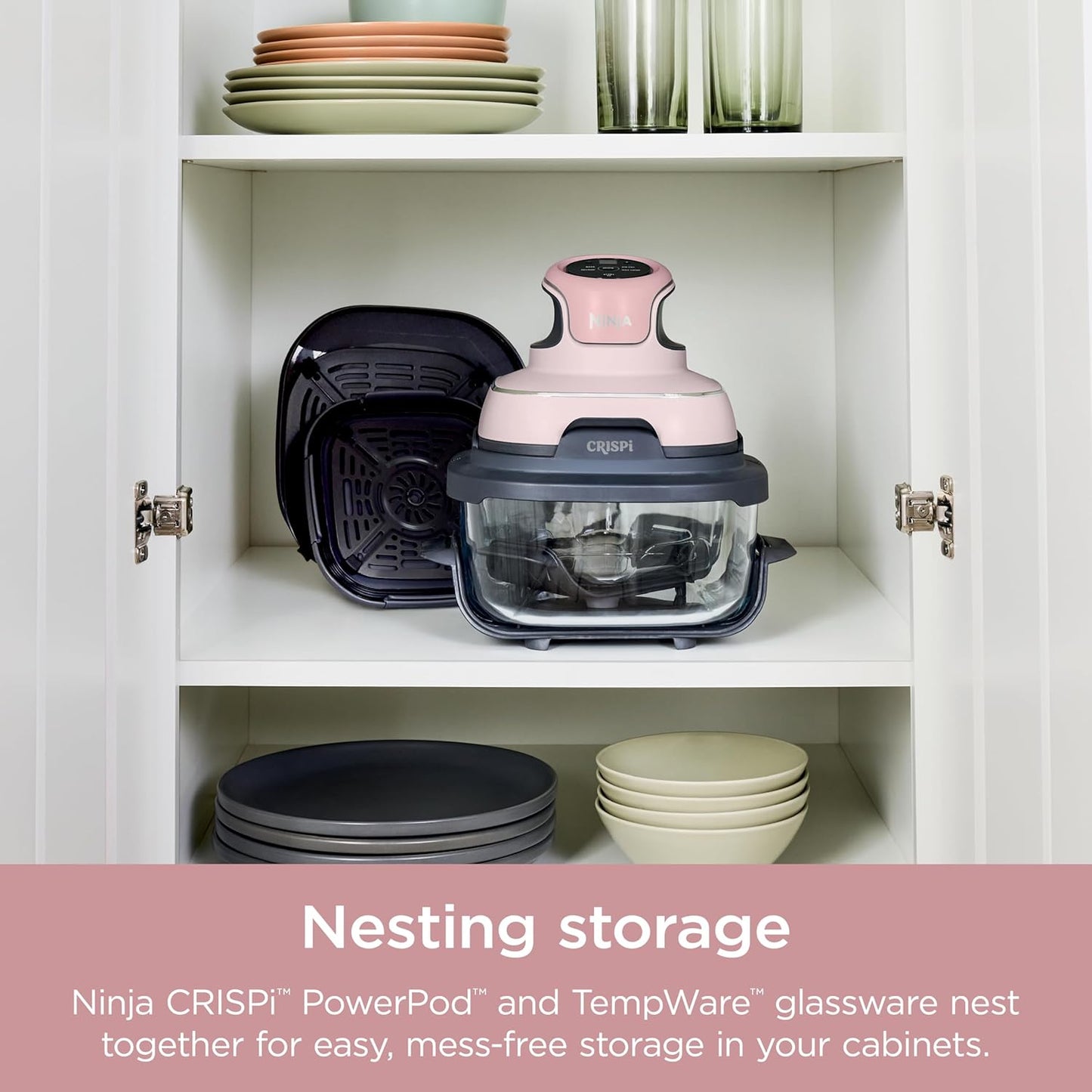 Crispi 4-In-1 Portable Glass Air Fryer Cooking System, 4 QT & 6 Cup Glass Containers with Storage Lids, Easy Meals, Microwave, Freezer & Dishwasher Safe, Air Fry, Bake, & More, Pink, FN101PK