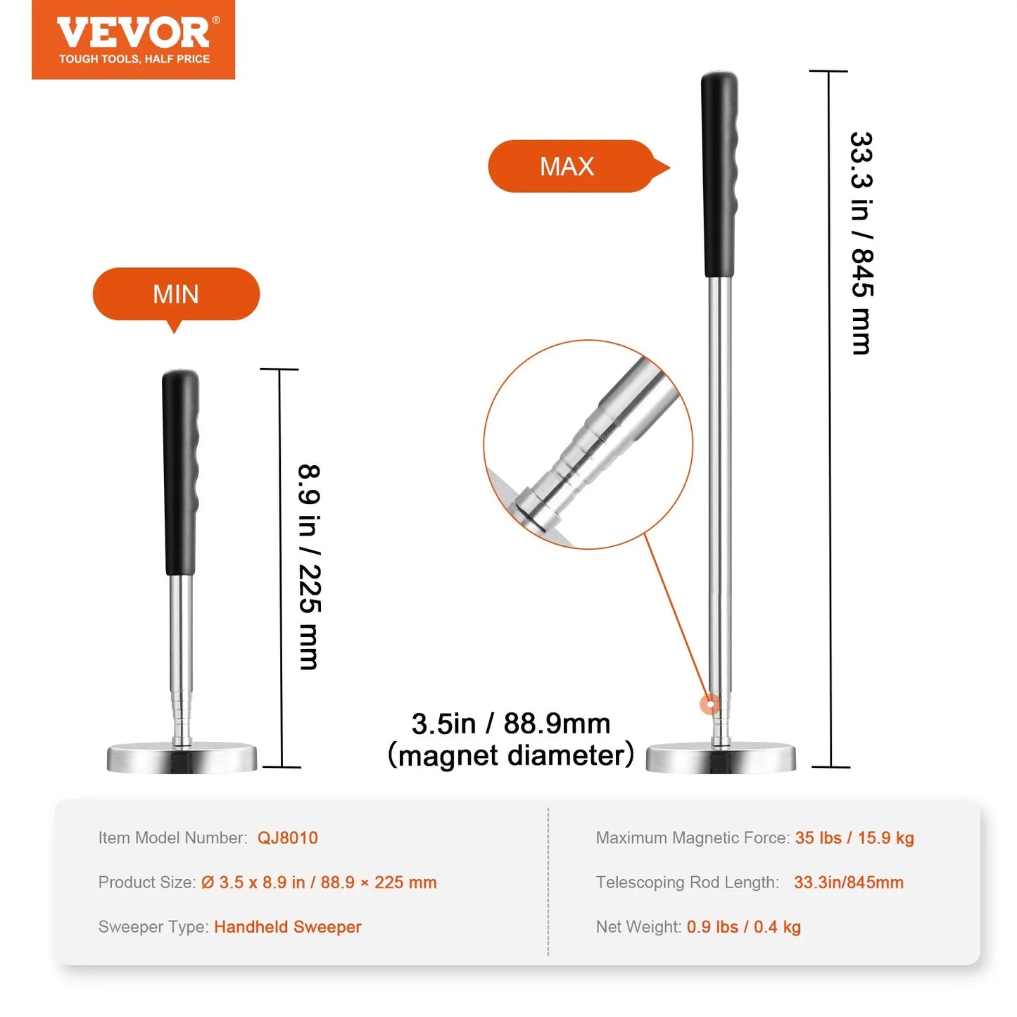 VEVOR Telescoping Magnetic Sweeper Pickup Tool, 3.5Inch Handheld Screws Parts Finder with 35LB Pull Capacity, Retractable Handle 8.3 to 33 Inches with Strong Magnet, Pick up Nails Screws Metal Parts