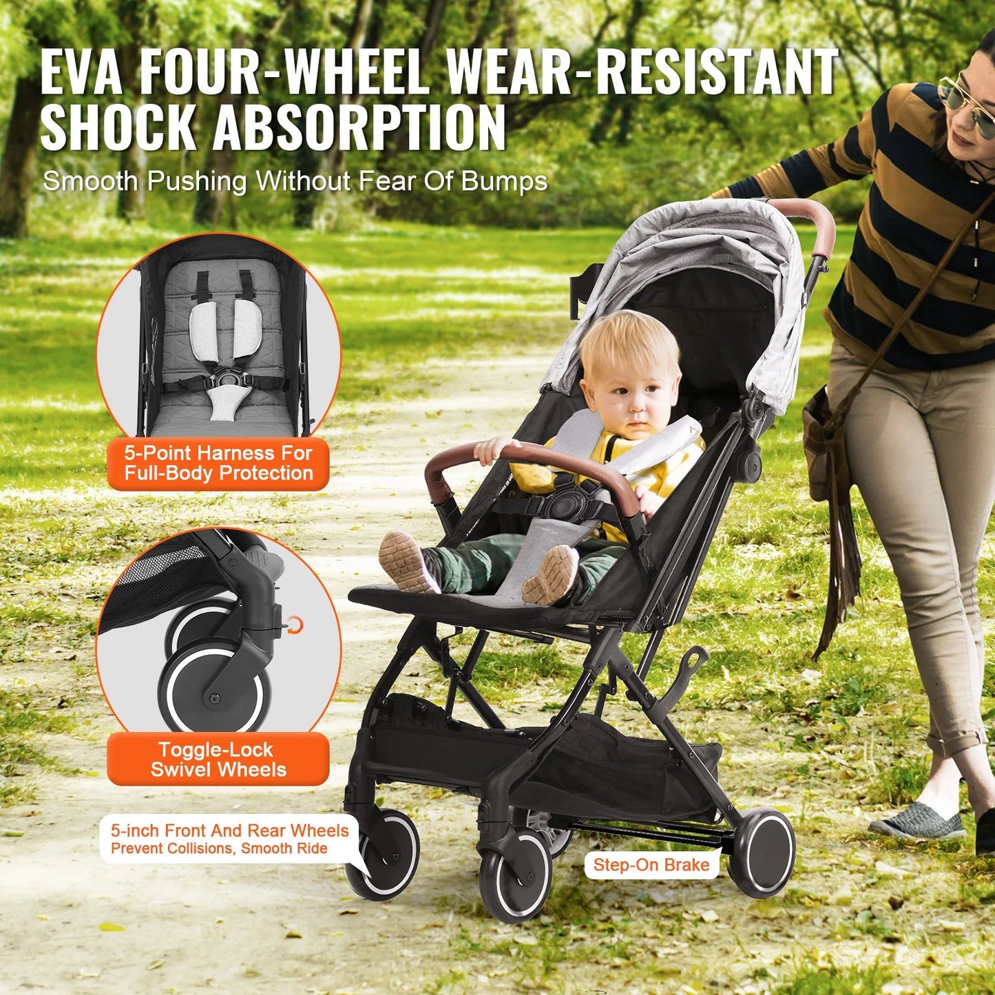 VEVOR Standard Baby Infant Stroller, Toddler Stroller with 95¡Ã-150¡Ã Adjustable Backrest & & 0/90¡Ãadjustable Footrest & One-Click Folding, Newborn Stroller with Cup Holder and Carry Bag, Light Grey