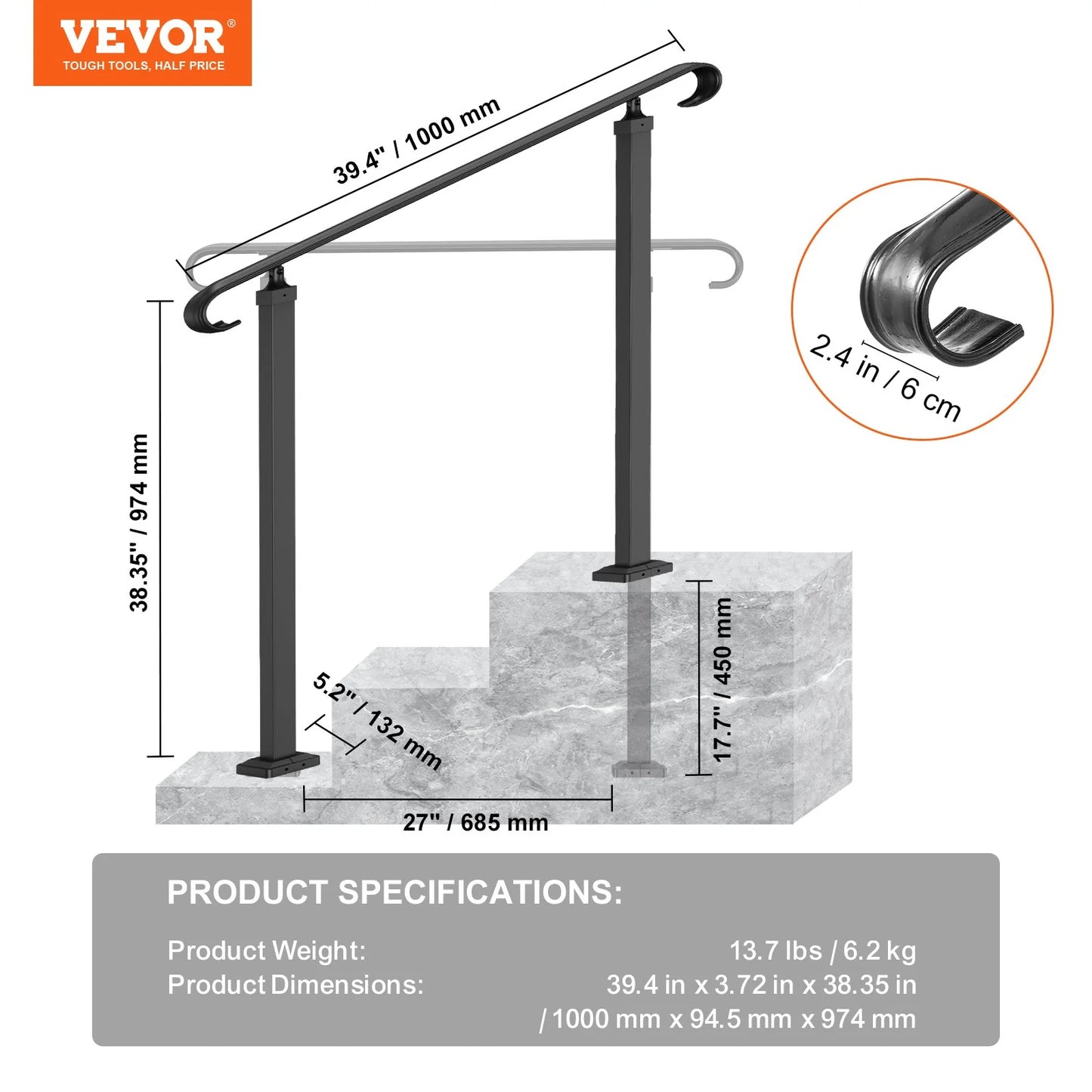 VEVOR Handrails for Outdoor Steps, Fit 1-3 Steps Outdoor Stair Railing, Wrought Iron Handrail, Adjustable Front Porch Hand Rail, Black Transitional Hand Railings for Concrete Steps or Wooden Stairs