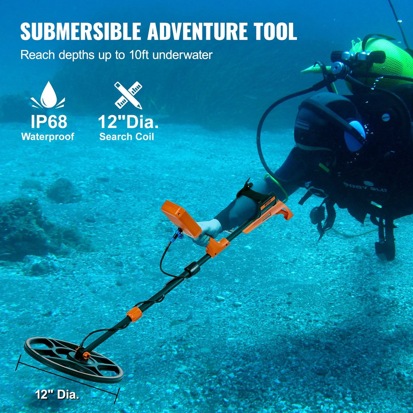 VEVOR Waterproof Metal Detector, 12 Coil, Professional Rechargeable Gold Detector, 39-50 in Adjustable with LCD 7 Modes Advanced DSP Chip Bluetooth Headset, IP68 for Detecting Gold Treasure Hunting