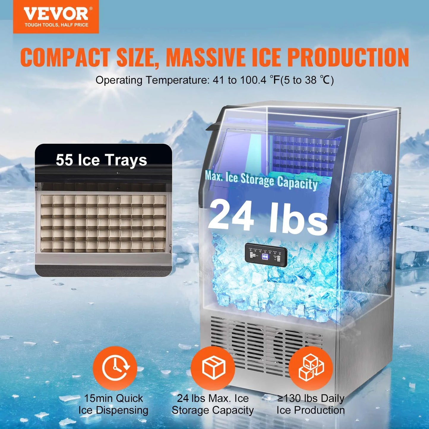 VEVOR Commercial Ice Maker, 130Lbs/24H, Ice Maker Machine, 55 Ice Cubes in 12-15 Minutes, Freestanding Cabinet Ice Maker with 24Lbs Storage Capacity LED Digital Display, for Bar Home Office Restaurant