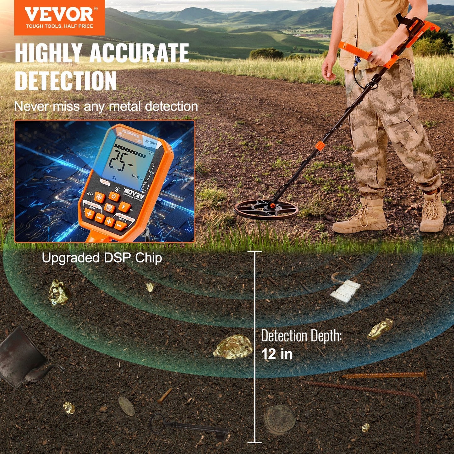 VEVOR Waterproof Metal Detector, 12 Coil, Professional Rechargeable Gold Detector, 39-50 in Adjustable with LCD 7 Modes Advanced DSP Chip Bluetooth Headset, IP68 for Detecting Gold Treasure Hunting