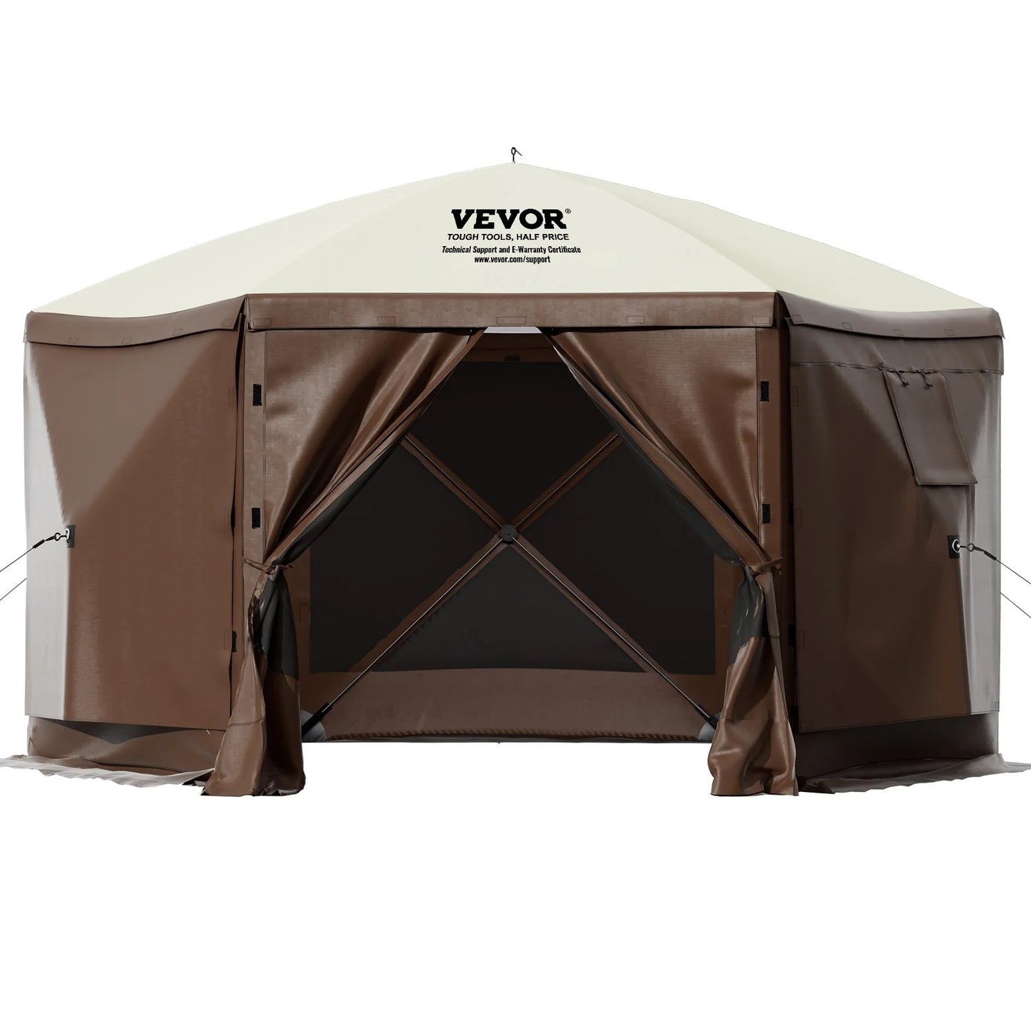 VEVOR Camping Gazebo Screen Tent, 12*12Ft, 6 Sided Pop-Up Canopy Shelter Tent with Mesh Windows, Portable Carry Bag, Stakes, Large Shade Tents for Outdoor Camping, Lawn and Backyard, Brown/Beige