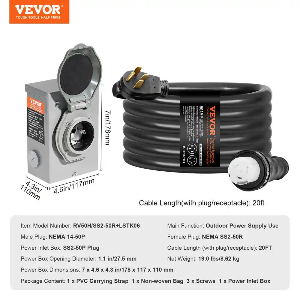 20 Ft. 50 Amp 125-Volt Generator Extension Cord and Power Inlet Box Kit STW 6/3 plus 8/1 AWG Generator Cord Twist Lock