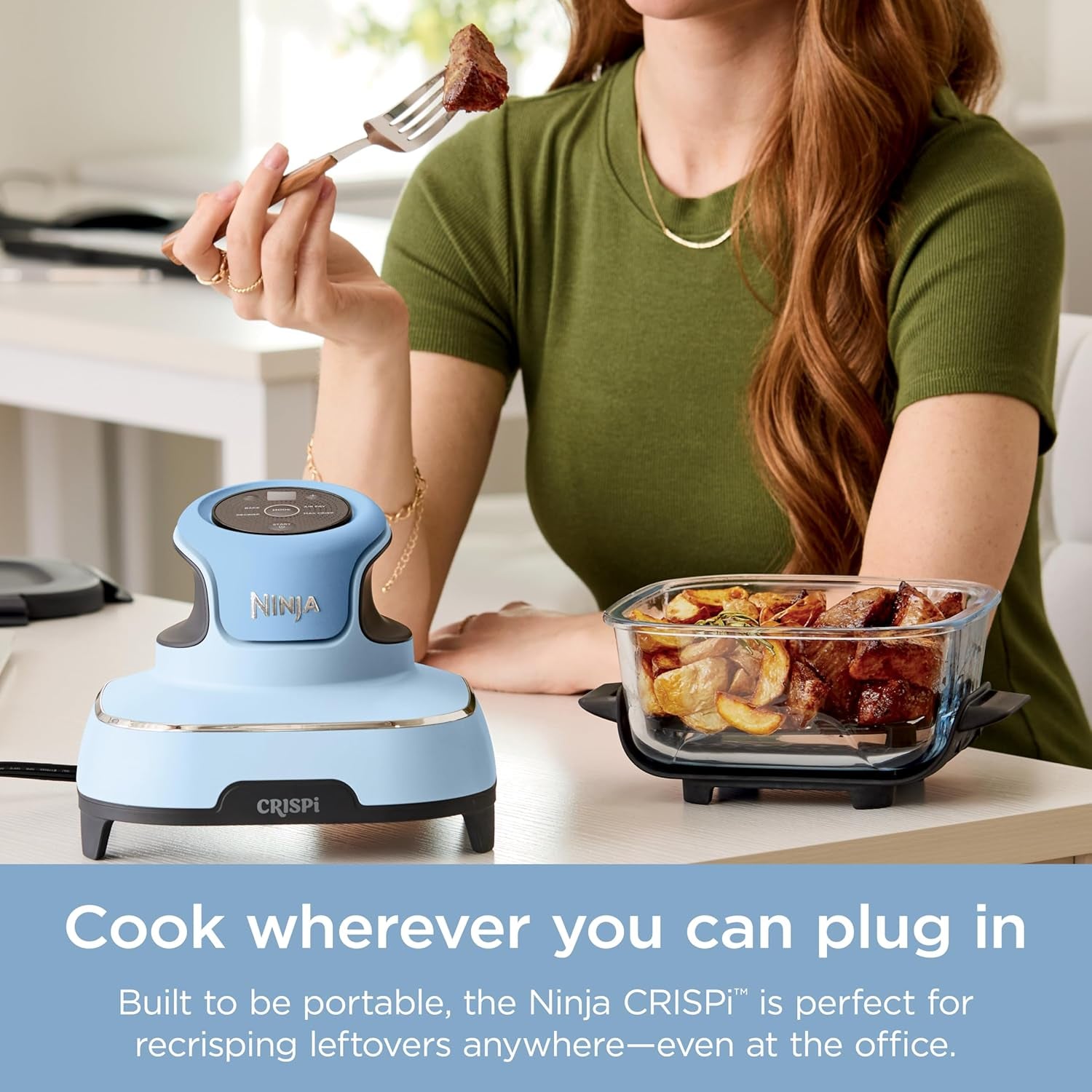 Crispi 4-In-1 Portable Glass Air Fryer Cooking System, 4QT & 6Cup Glass Containers with Storage Lids, Easy Meals, Microwave, Freezer & Dishwasher Safe, Air Fry, Bake, & More, Periwinkle, FN101PL