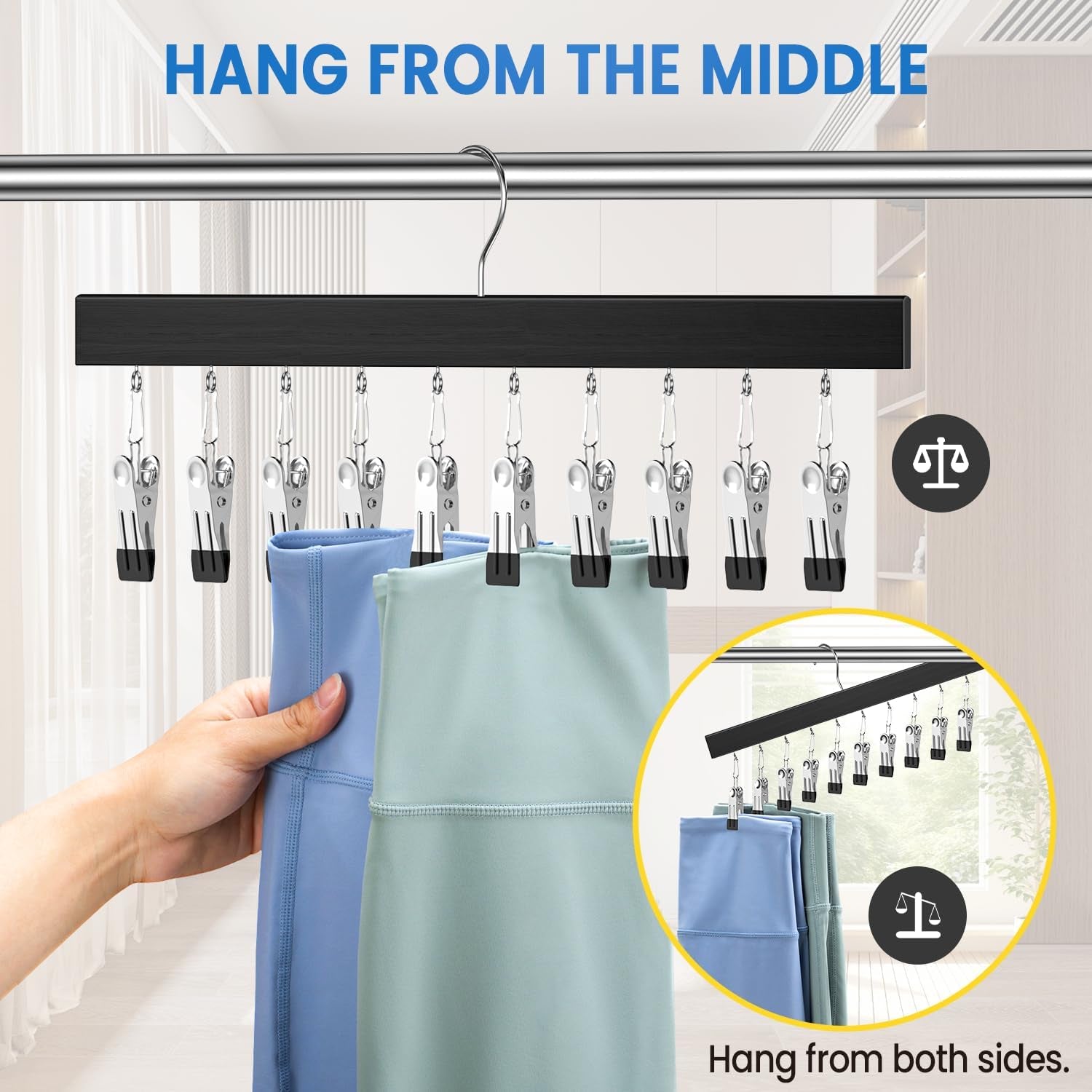Legging Organizer for Closet 2 Pack, Pants Hangers with Clips Holds 20 Leggings, Multi Hangers Space Saving Storage Bedroom Organization for Jeans, Yoga Pants, Skirts & More, 360° Swivel Hook, Black