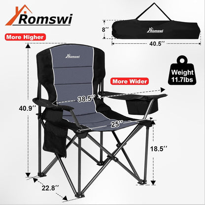 Oversized Camping Chairs,Heavy Duty Support 500 Lbs,Padded Back & Arm Sport Chairs, Cup Holder Cooler Bag, Collapsible Folding Chairs for Outdoor, Fishing & Garden, Black,2-Pack