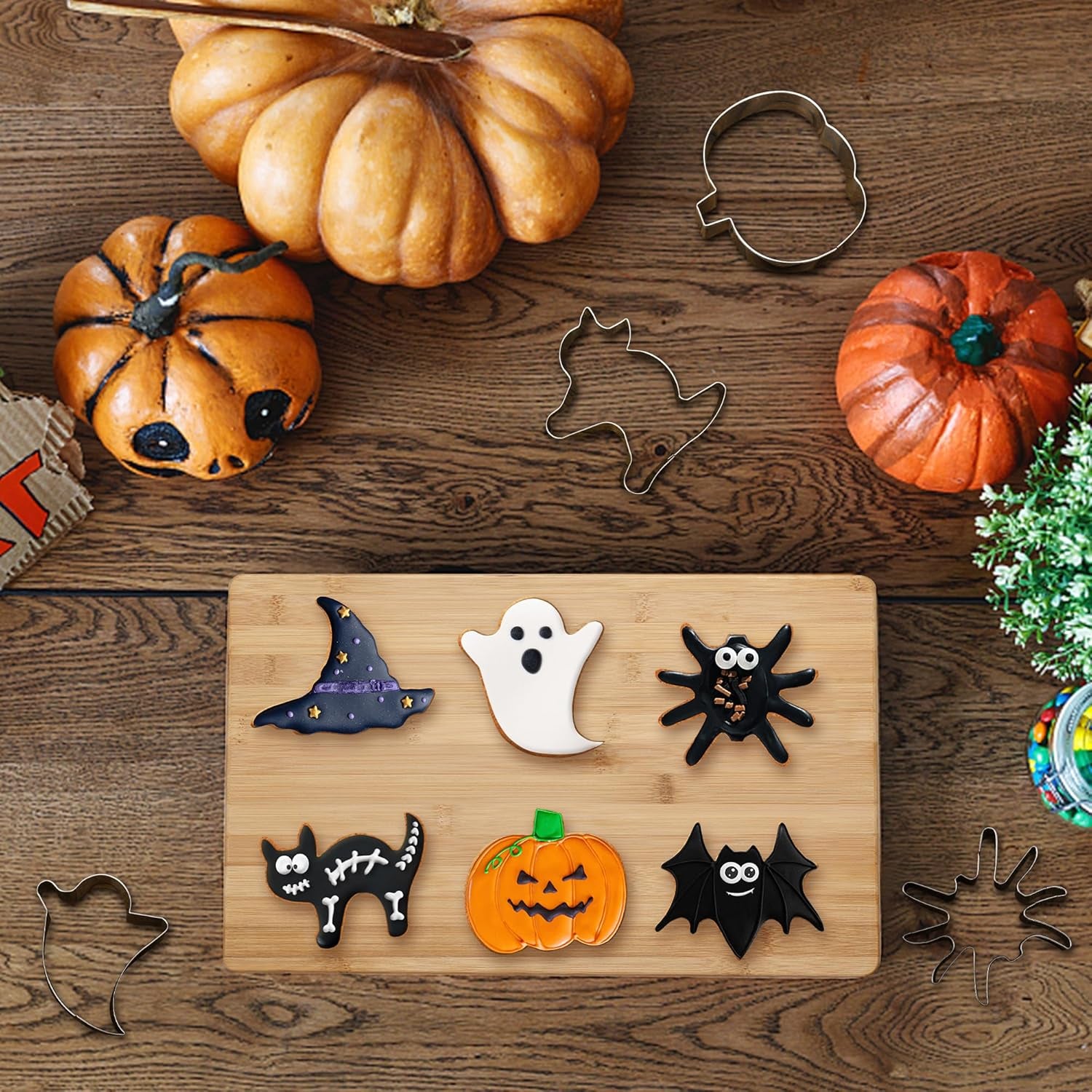 Halloween Cookie Cutters, 6 Pcs Holiday Cookie Cutters Halloween Shapes - Spider, Pumpkin, Bat, Cat, Ghost, Witch Hat for Cookie Baking