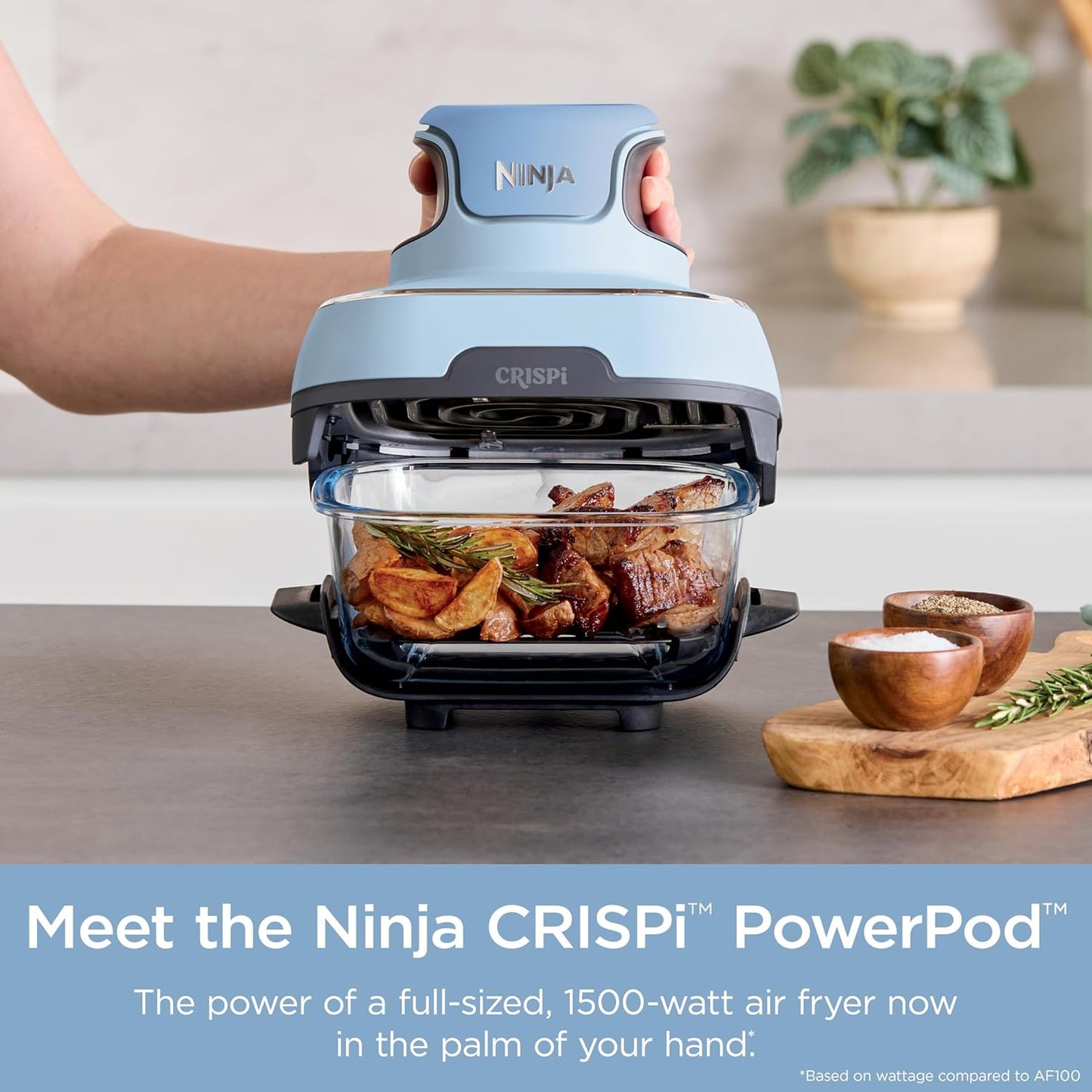 Crispi 4-In-1 Portable Glass Air Fryer Cooking System, 4QT & 6Cup Glass Containers with Storage Lids, Easy Meals, Microwave, Freezer & Dishwasher Safe, Air Fry, Bake, & More, Periwinkle, FN101PL