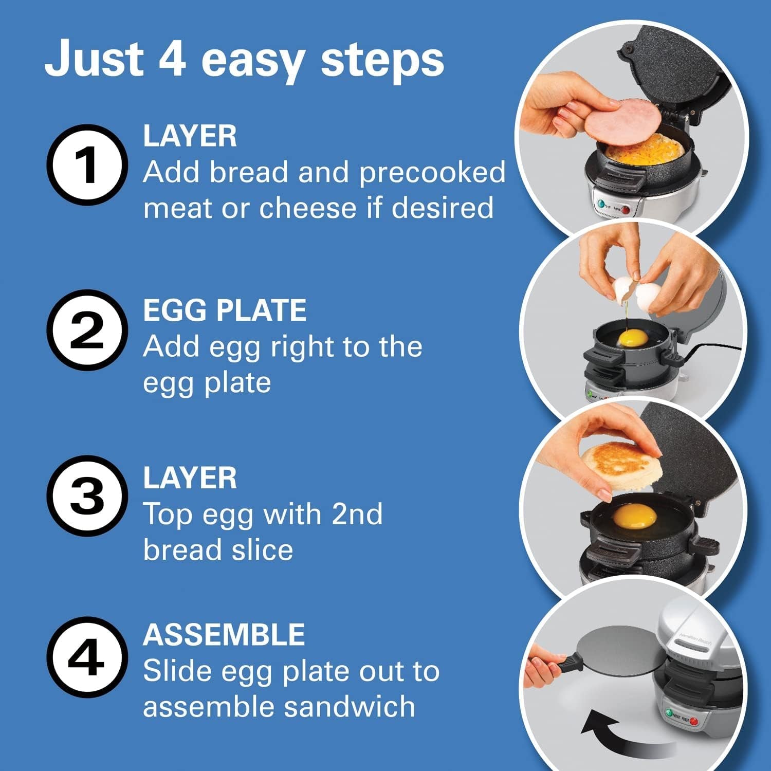 Breakfast Sandwich Maker with Egg Cooker Ring, Customize Ingredients, Perfect for English Muffins, Croissants, Mini Waffles, Perfect White Elephant Gifts, Silver (25475)
