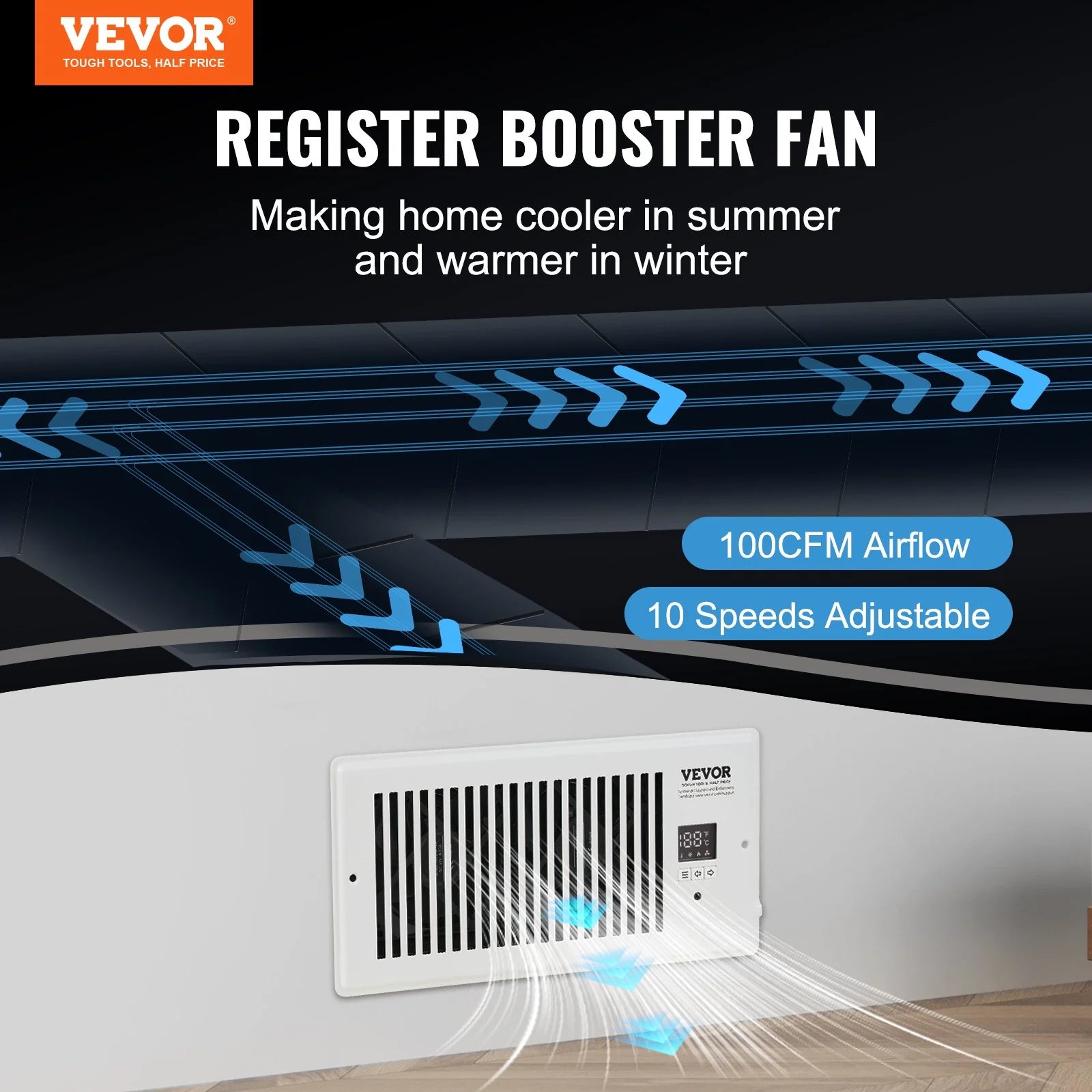 VEVOR Register Booster Fan, Quiet Vent Booster Fan Fits 4¡± X 10¡± Register Holes, with Remote Control and Thermostat Control, Adjustable Speed for Heating Cooling Smart Vent, White