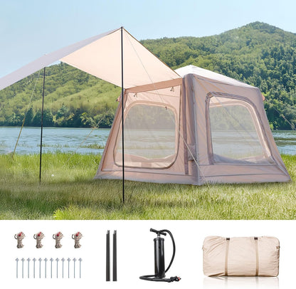 Inflatable Tents for Camping, Blow up Tent with Hand Pump, Easy Setup Inflatable Hot Tent with Stove Jack, Waterproof Oxford Air Glamping Tents for Camping Adult 4-6 Person