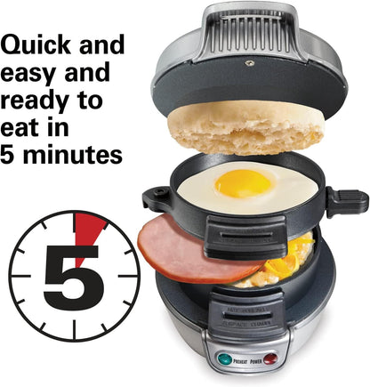 Breakfast Sandwich Maker with Egg Cooker Ring, Customize Ingredients, Perfect for English Muffins, Croissants, Mini Waffles, Perfect White Elephant Gifts, Silver (25475)