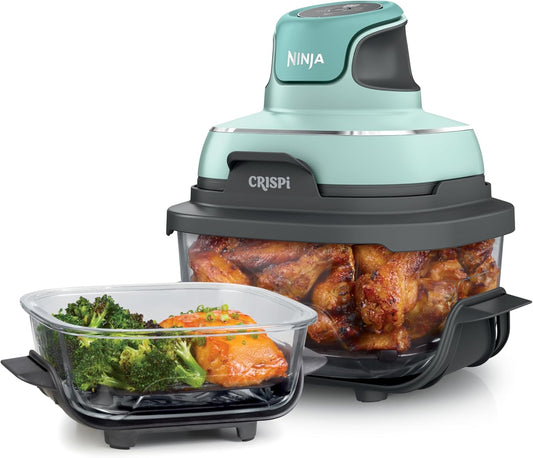 Crispi 4-In-1 Portable Glass Air Fryer Cooking System, 4 QT & 6 Cup Glass Containers with Storage Lids, Easy Meals, Microwave, Freezer & Dishwasher Safe, Air Fry, Bake, & More, Mint, FN101MT