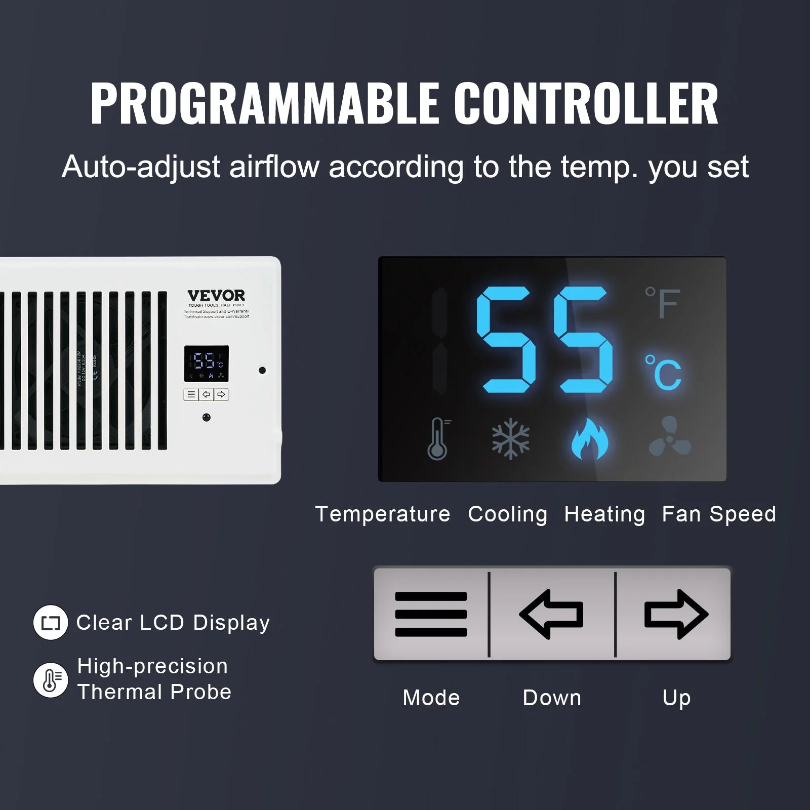VEVOR Register Booster Fan, Quiet Vent Booster Fan Fits 4¡± X 10¡± Register Holes, with Remote Control and Thermostat Control, Adjustable Speed for Heating Cooling Smart Vent, White
