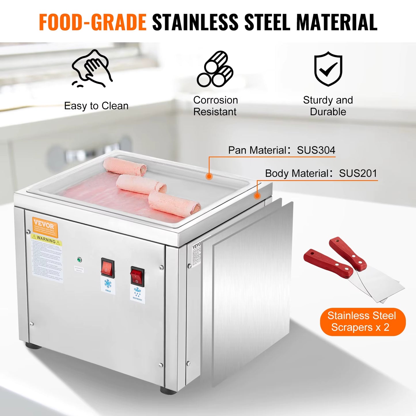 Fried Ice Cream Roll Machin Stainless Steel Rolled Ice Cream Maker with Compressor for Making Ice Cream Frozen Yogurt, Ice