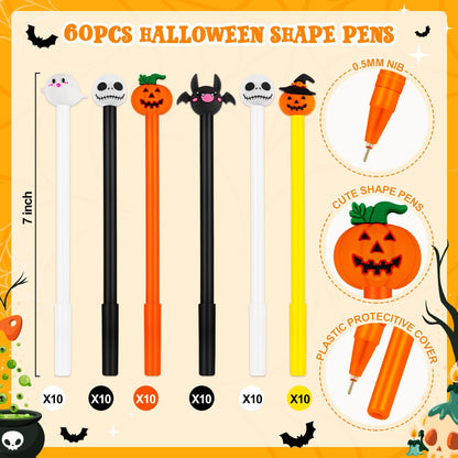 60 Pcs Halloween Pens, Pumpkin Skull Heads Ghost Bat Shape Pens, 0.5 MM Bulk Black Rollerball Pen for Halloween Thanksgiving Party Supplies School Office