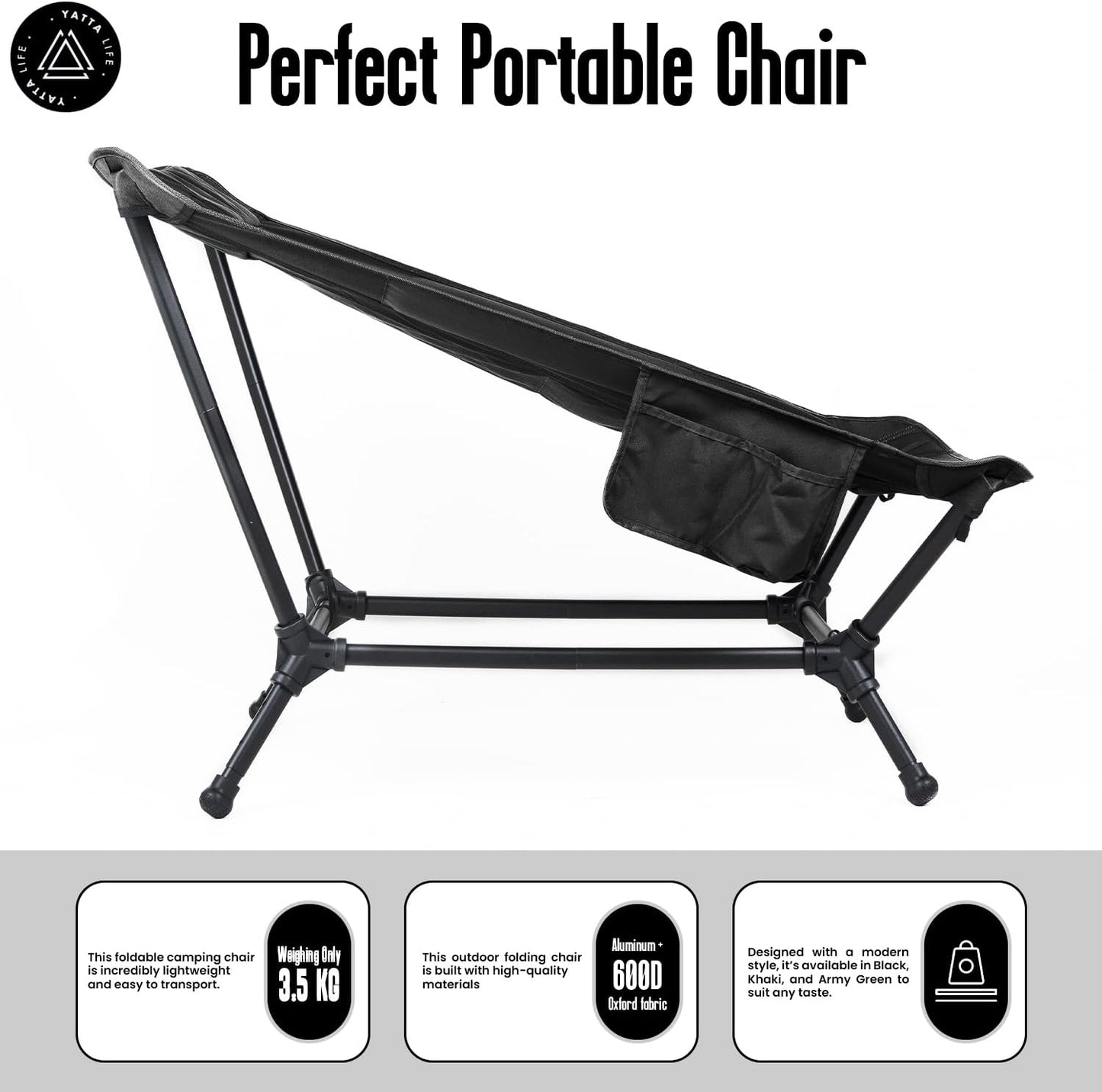 Low Back Folding Camping Chairs for Adults with Storage Pouches & Carrying Case - Foldable Lawn Chairs, Beach Chair, Fishing Chair, Portable Lightweight Outdoor Chair. (Black)
