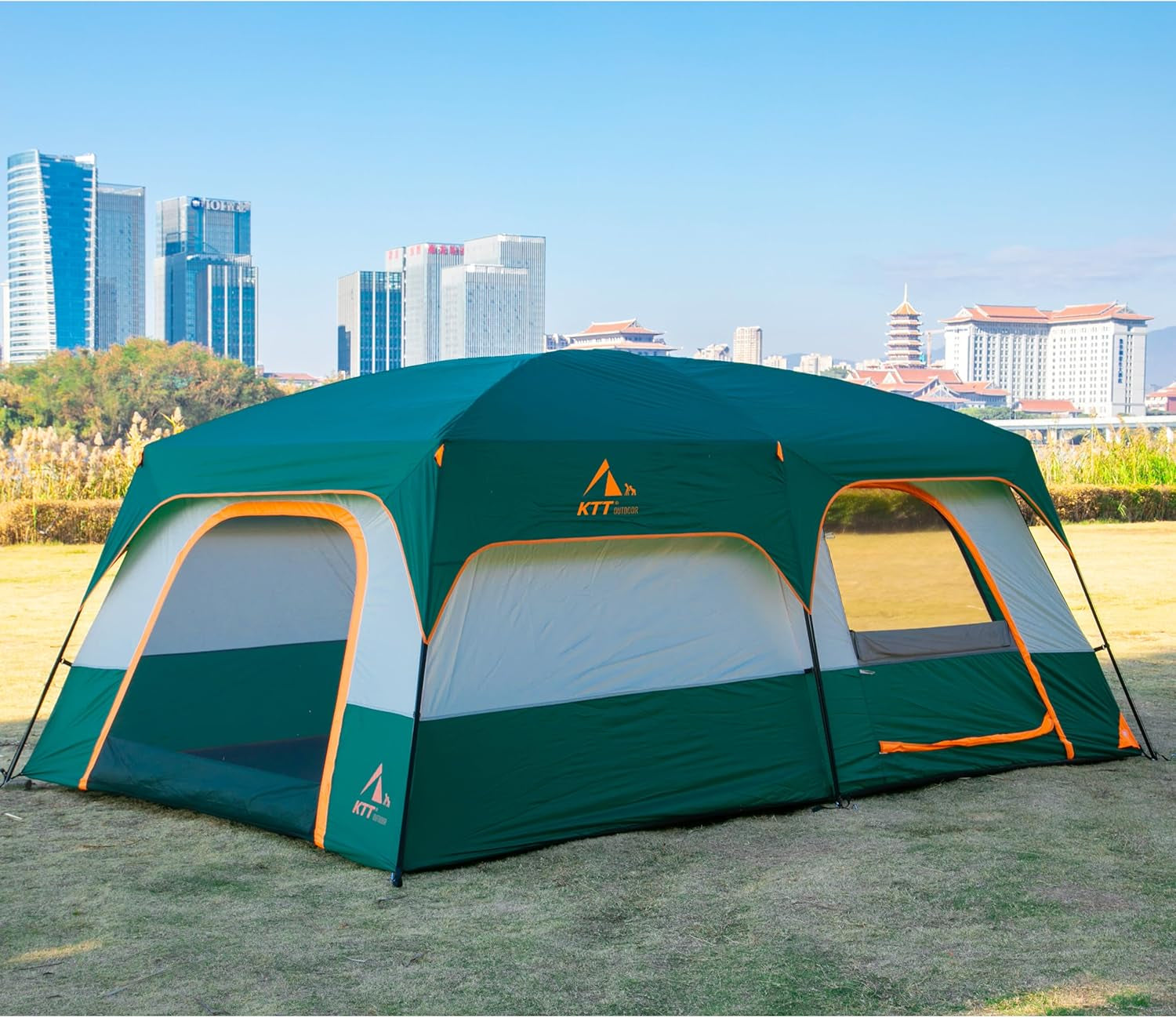 Extra Large Tent 10-12-14 Person(A),Family Cabin Tents,2 Rooms,3 Doors and 3 Windows with Mesh,Straight Wall,Waterproof,Double Layer,Big Tent for Outdoor,Picnic,Camping,Family Gathering
