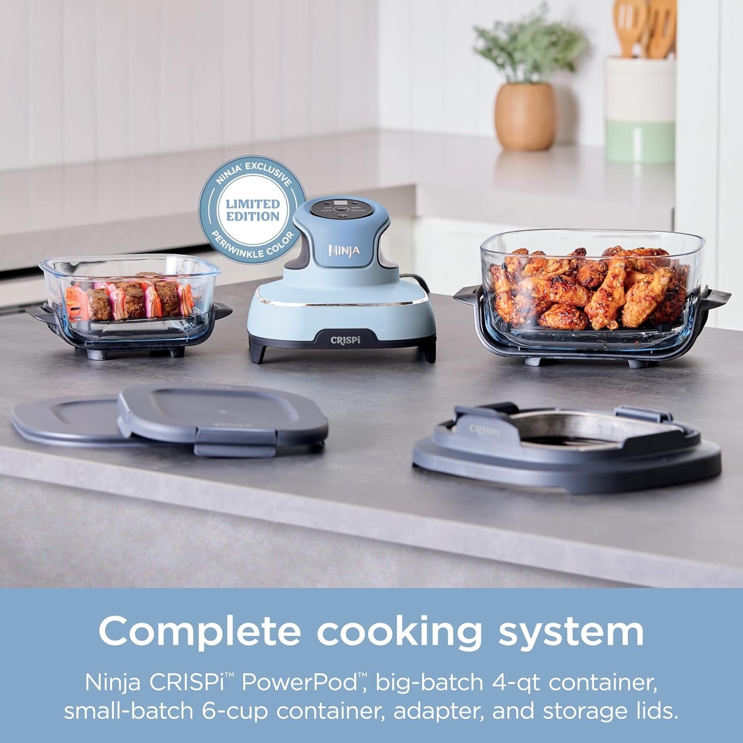 Crispi 4-In-1 Portable Glass Air Fryer Cooking System, 4QT & 6Cup Glass Containers with Storage Lids, Easy Meals, Microwave, Freezer & Dishwasher Safe, Air Fry, Bake, & More, Periwinkle, FN101PL