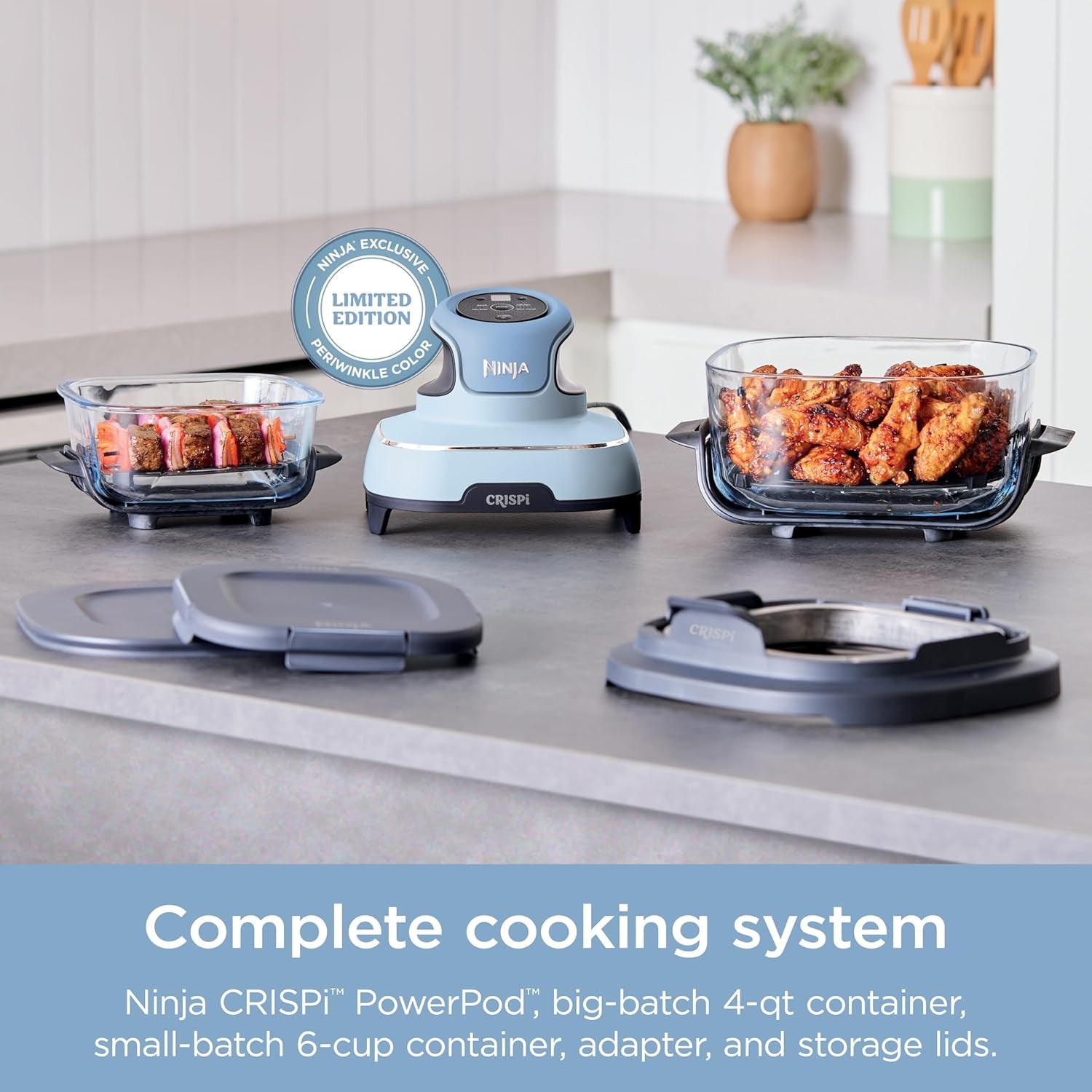 Crispi 4-In-1 Portable Glass Air Fryer Cooking System, 4QT & 6Cup Glass Containers with Storage Lids, Easy Meals, Microwave, Freezer & Dishwasher Safe, Air Fry, Bake, & More, Periwinkle, FN101PL
