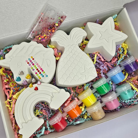 Unicorn & Mermaid Fantasy DIY Painting Kit – Magical Plaster Crafts with Paints, Brushes, Gems & Glitter Sst (1Box)