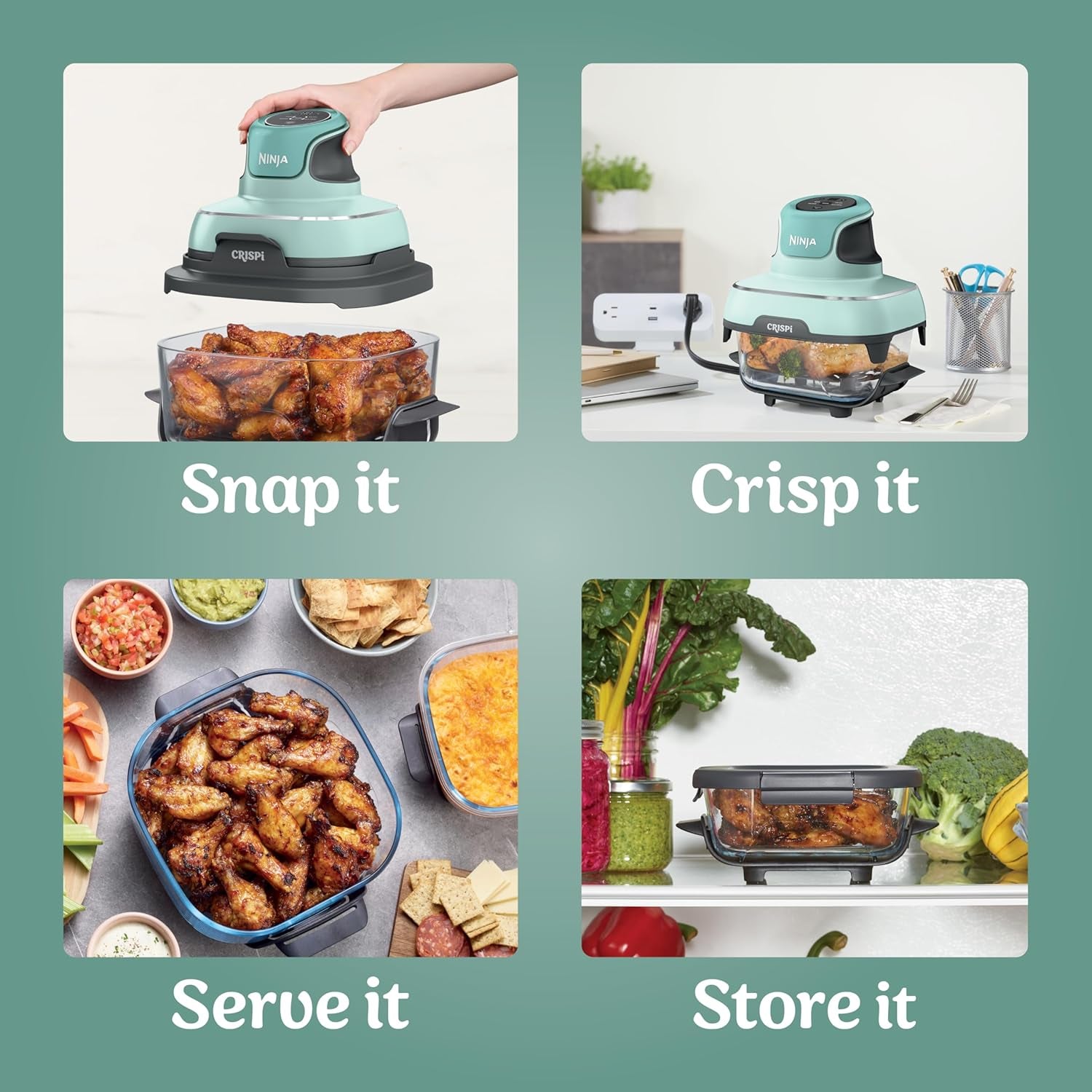 Crispi 4-In-1 Portable Glass Air Fryer Cooking System, 4 QT & 6 Cup Glass Containers with Storage Lids, Easy Meals, Microwave, Freezer & Dishwasher Safe, Air Fry, Bake, & More, Mint, FN101MT
