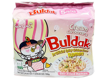 Buldak Hot Spicy Chicken Flavor Ramen,Korean Stir-Fried Instant Package Noodle Cream Carbonara,1 Bag with 5 Pack,4.93 OZ