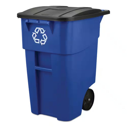 BRUTE 50 Gal. Blue Rollout Plastic Outdoor Recycling Trash Can with Lid for Restaurants/Offices/Commercial Environments