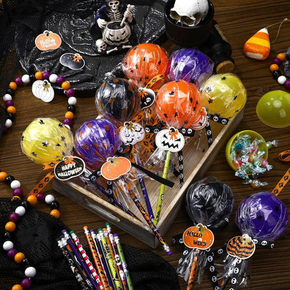 96 Pcs Halloween Trick or Treat Container Party Supplies Halloween Pencil Giant Lollipop Shape Stationery Candy Fillable Hold Plastic Lollipop Storage with Pencil for Classroom Gifts