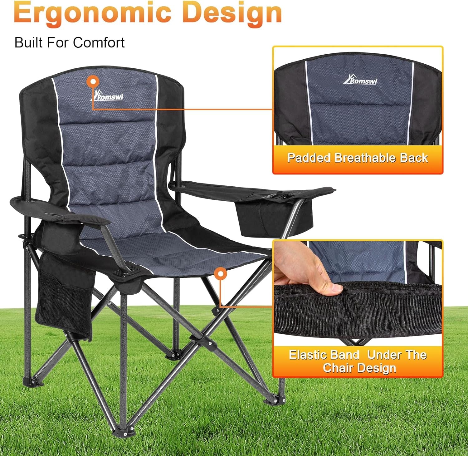 Oversized Camping Chairs,Heavy Duty Support 500 Lbs,Padded Back & Arm Sport Chairs, Cup Holder Cooler Bag, Collapsible Folding Chairs for Outdoor, Fishing & Garden, Black,2-Pack