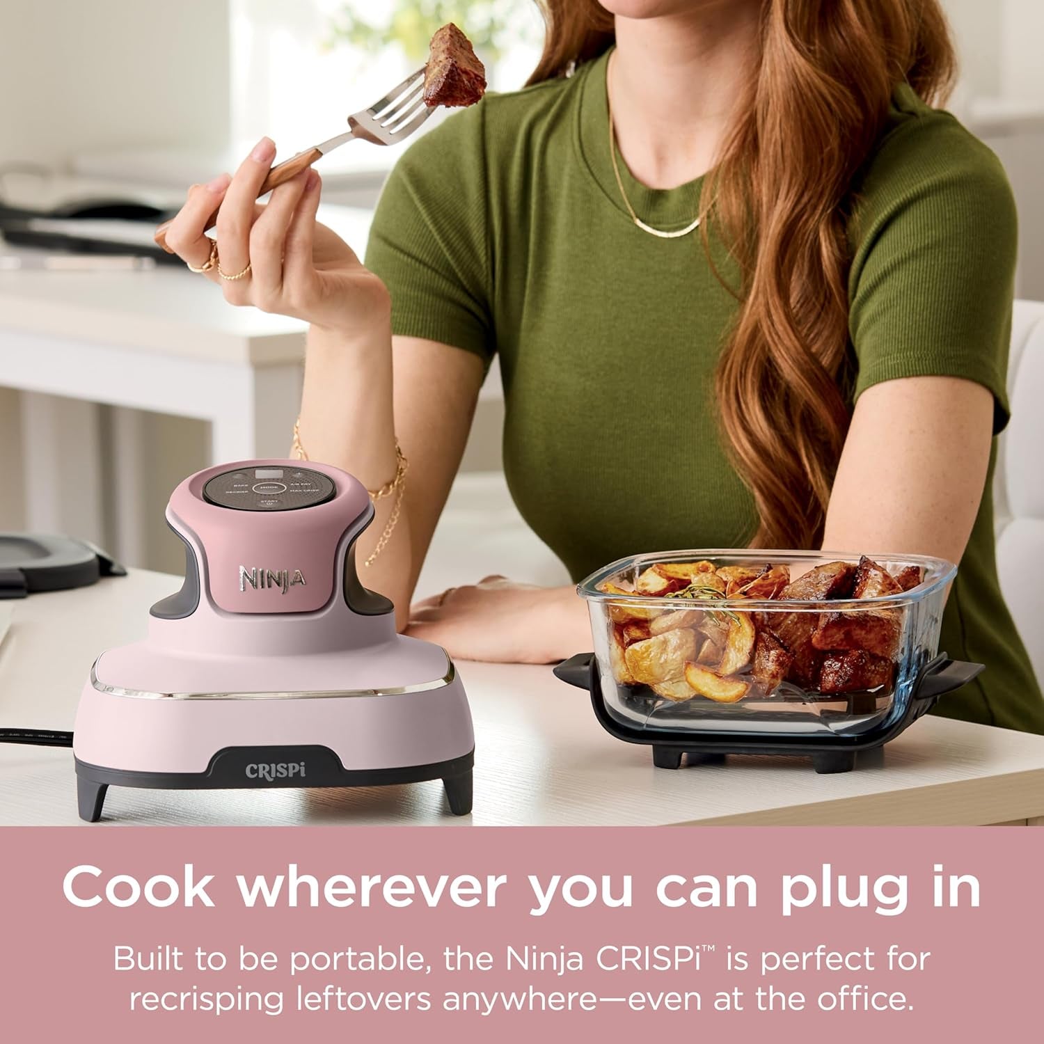 Crispi 4-In-1 Portable Glass Air Fryer Cooking System, 4 QT & 6 Cup Glass Containers with Storage Lids, Easy Meals, Microwave, Freezer & Dishwasher Safe, Air Fry, Bake, & More, Pink, FN101PK