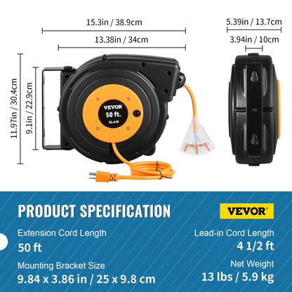 VEVOR 50Ft Retractable Extension Cord Reel 14AWG/3CSJTOW Power Cord Reel