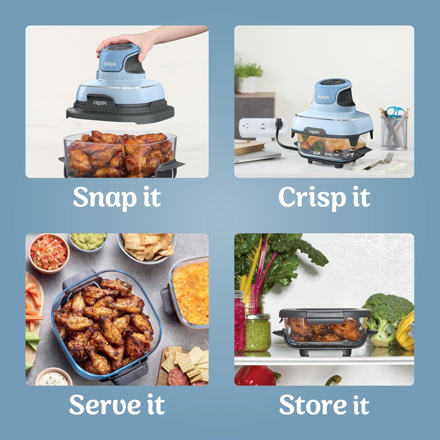 Crispi 4-In-1 Portable Glass Air Fryer Cooking System, 4QT & 6Cup Glass Containers with Storage Lids, Easy Meals, Microwave, Freezer & Dishwasher Safe, Air Fry, Bake, & More, Periwinkle, FN101PL