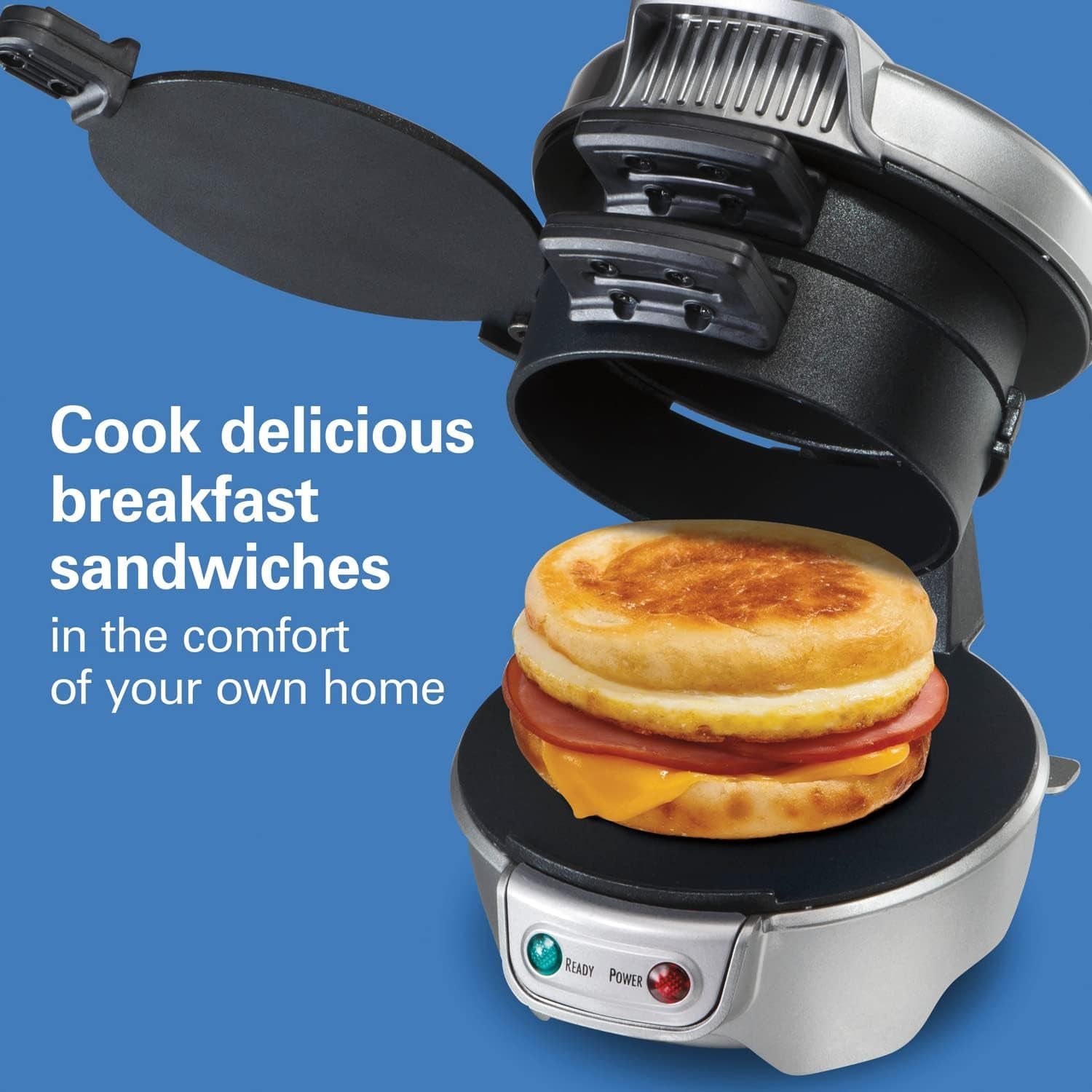 Breakfast Sandwich Maker with Egg Cooker Ring, Customize Ingredients, Perfect for English Muffins, Croissants, Mini Waffles, Perfect White Elephant Gifts, Silver (25475)