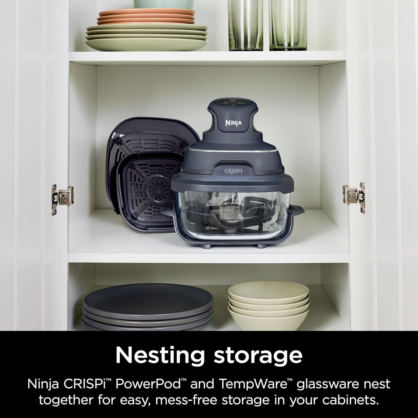 Crispi 4-In-1 Portable Glass Air Fryer Cooking System, 1500W, 4QT & 6-Cup Tempware Glass Containers with Storage Lids, Microwave, Freezer & Dishwasher Safe, Cyberspace Gray, FN101GY