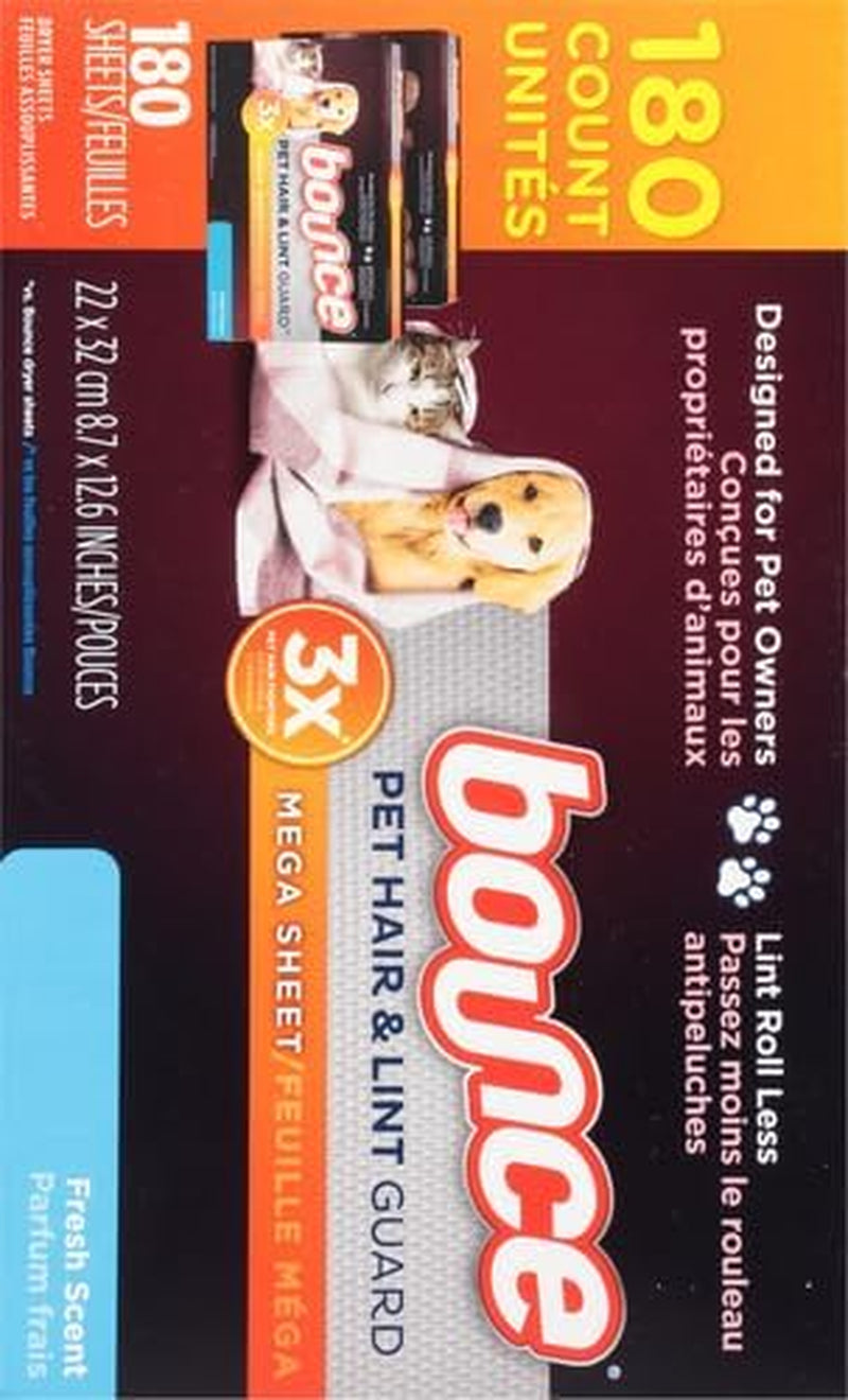 Pet Hair and Lint Guard Fabric Softener Dryer Sheets | Fresh Scent | 3X Pet Hair Fighters | Mega Sheets | 180 Count, Pack of 3