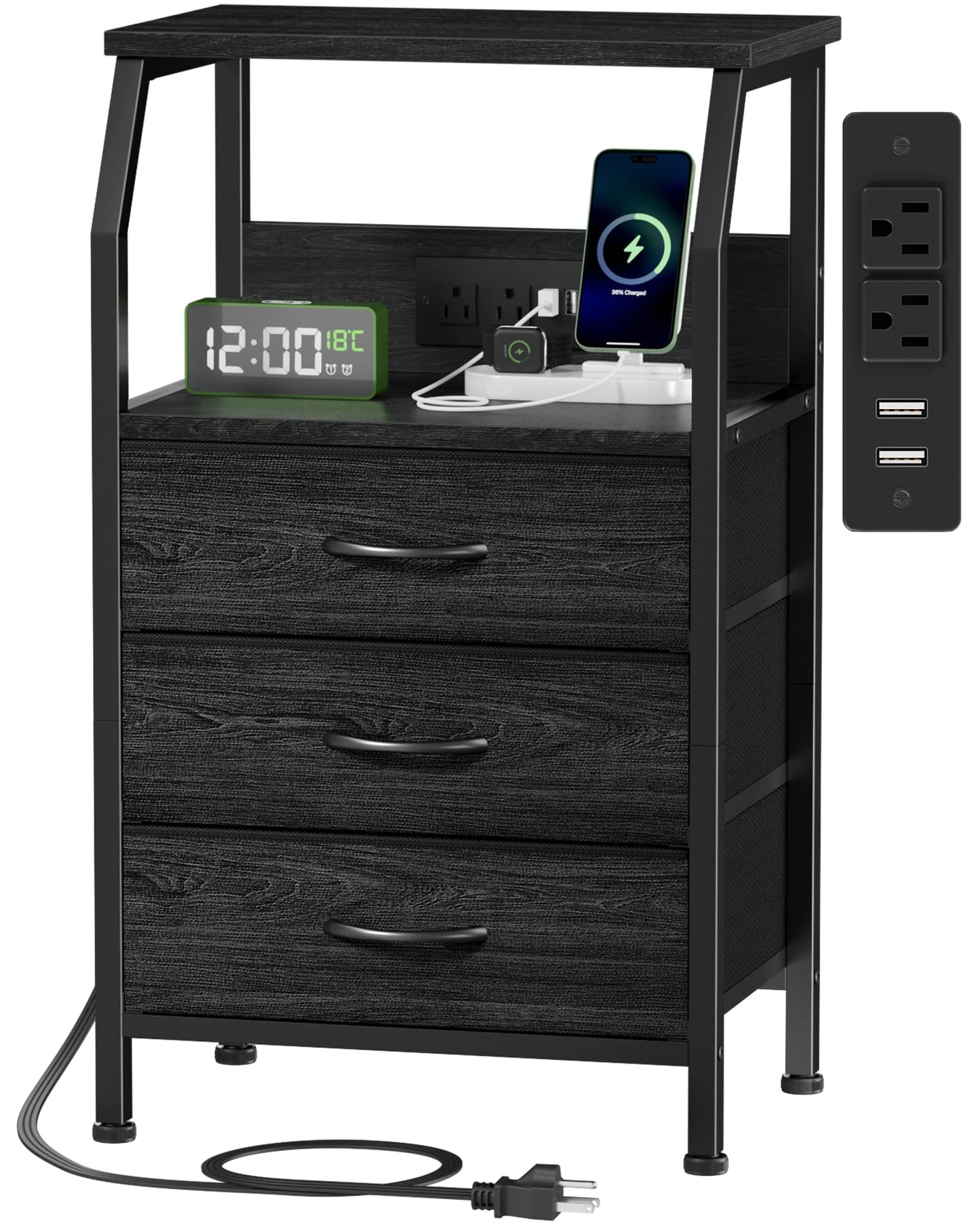 ⚡ White Nightstand with Charging Station – 3-Drawer Bedside Table with Power Outlets & Fabric Storage