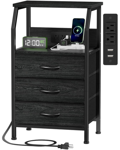 ⚡ White Nightstand with Charging Station – 3-Drawer Bedside Table with Power Outlets & Fabric Storage